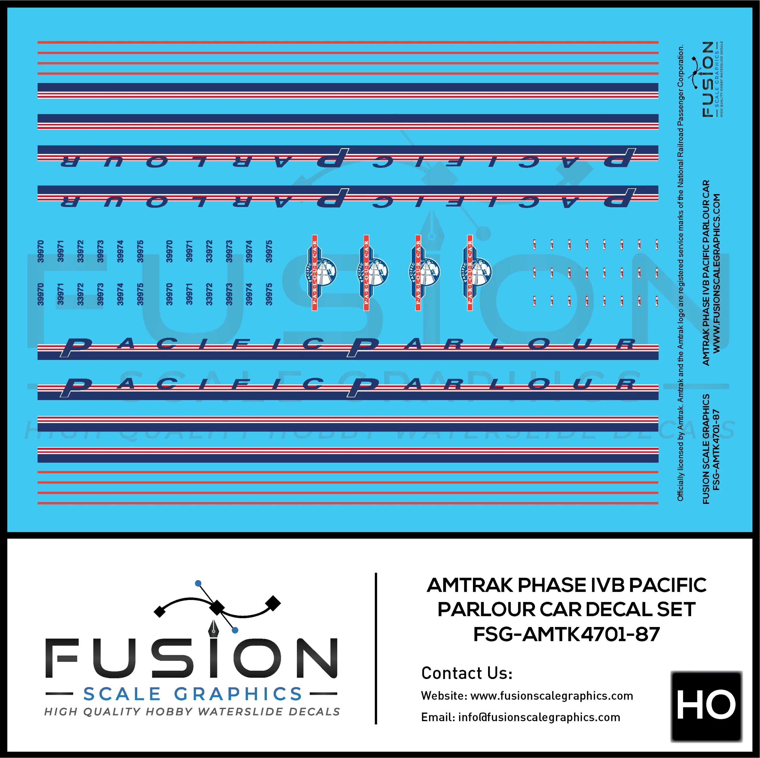 HO Scale Amtrak Phase IVb Pacific Parlour Car Decal Set - Fusion Scale Graphics