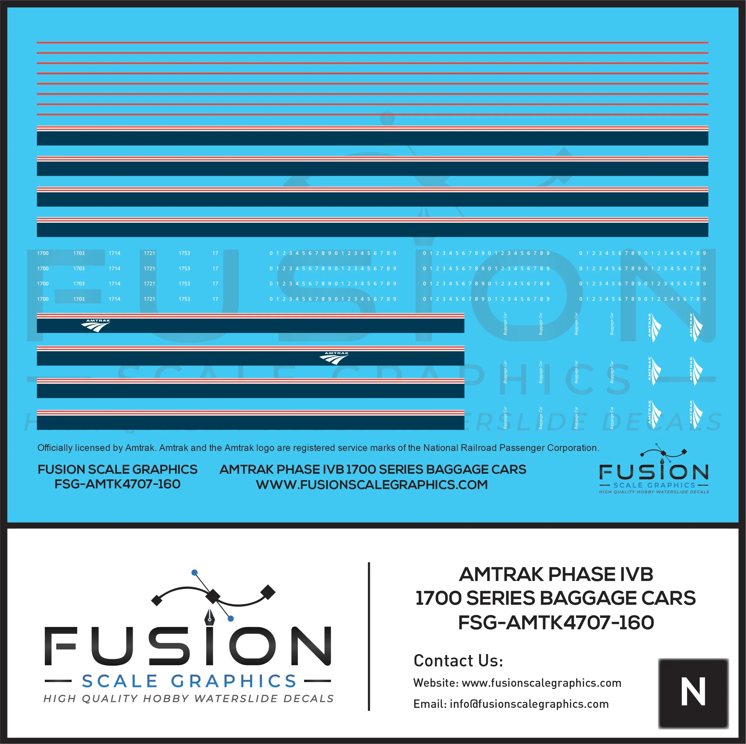N Scale Amtrak Phase IVb 1700 Series Baggage Cars Decal Set - Fusion Scale Graphics