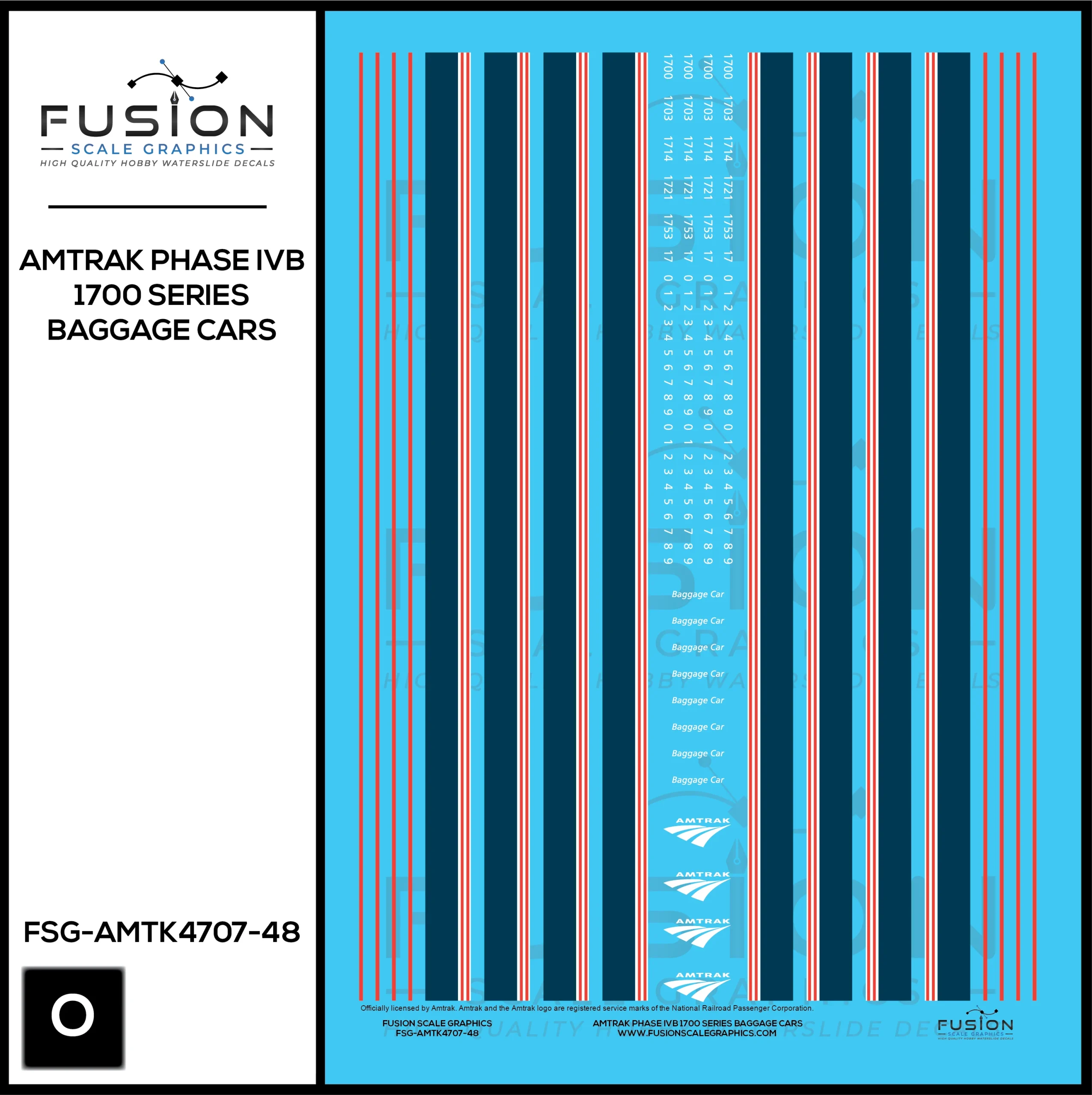 O Scale Amtrak Phase IVb 1700 Series Baggage Cars Decal Set - Fusion Scale Graphics