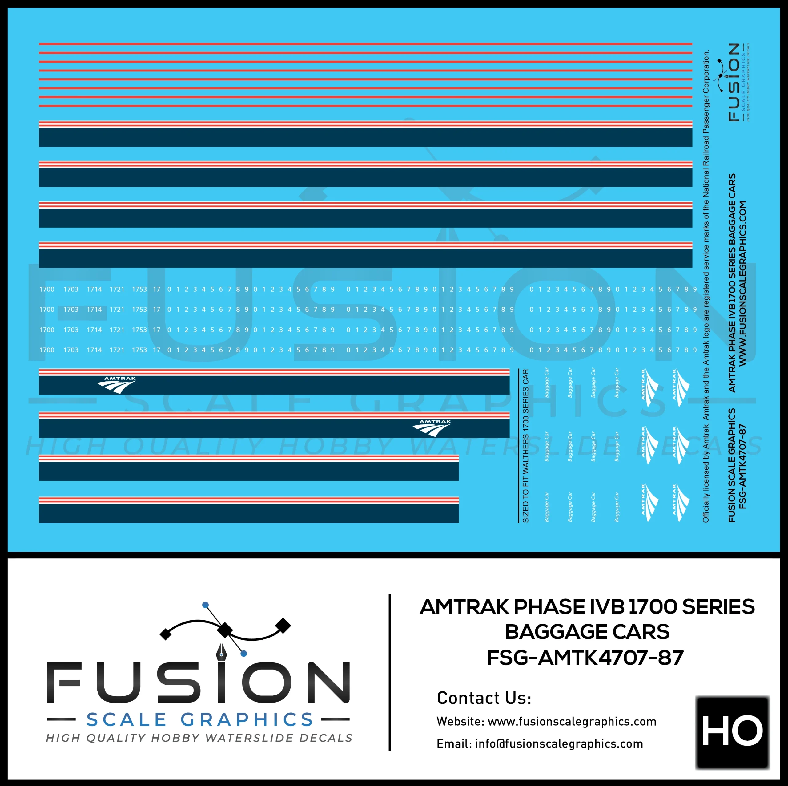 HO Scale Amtrak Phase IVb 1700 Series Baggage Cars Decal Set - Fusion Scale Graphics