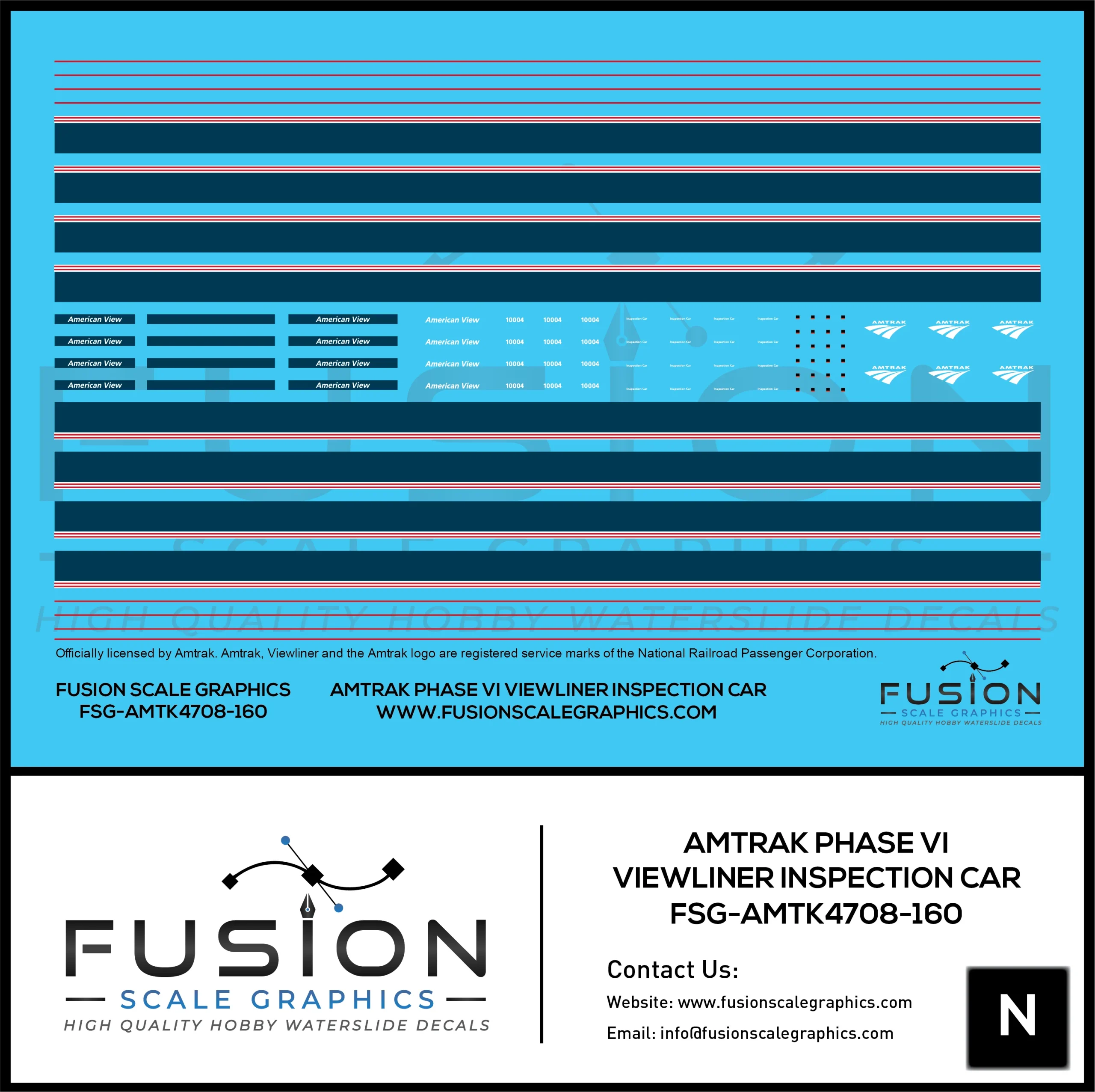 N Scale Amtrak Phase VI Viewliner Inspection Car Decal Set - Fusion Scale Graphics