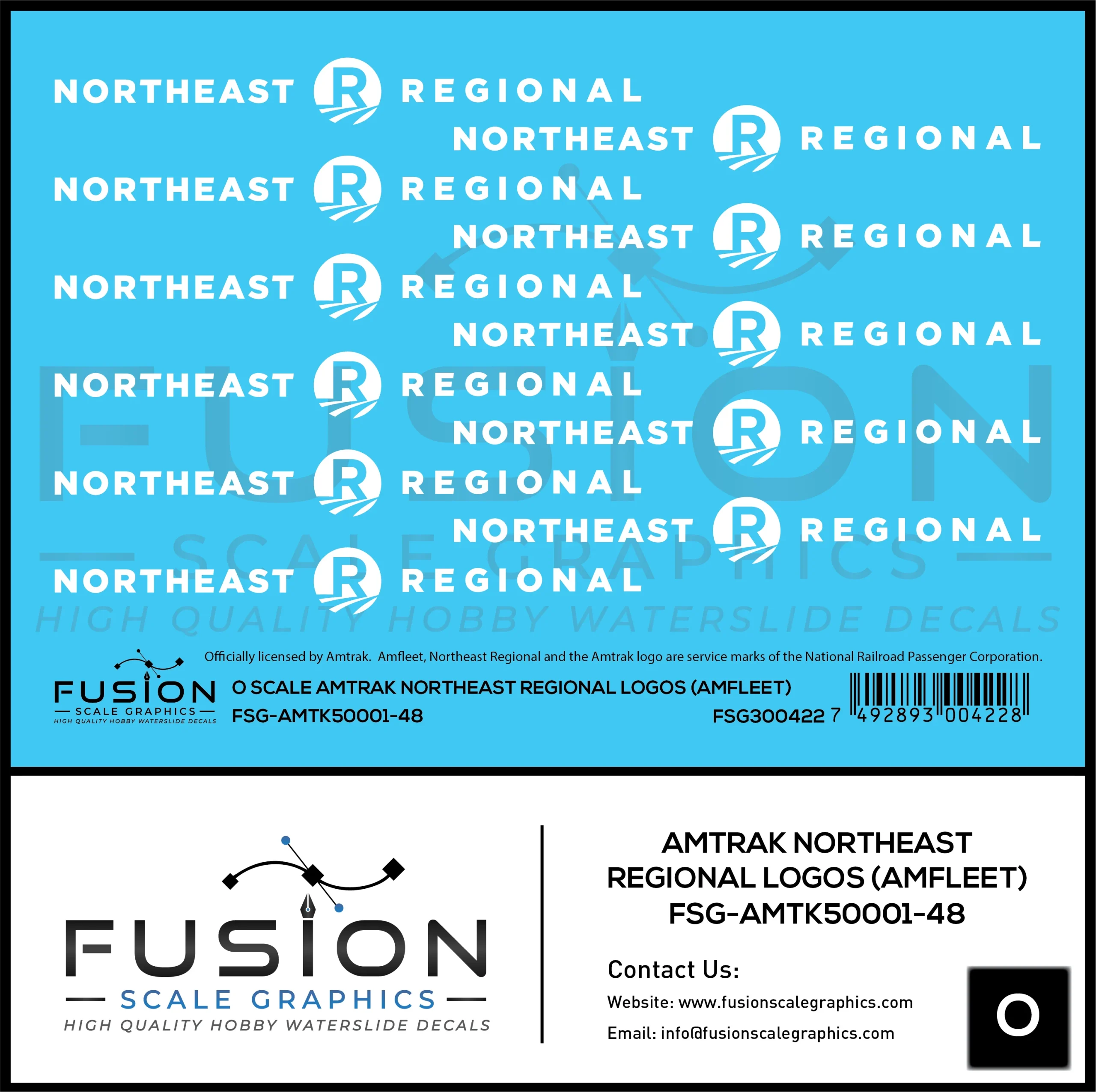 O Scale Amtrak Northeast Regional Amfleet Logos Decal Set - Fusion Scale Graphics