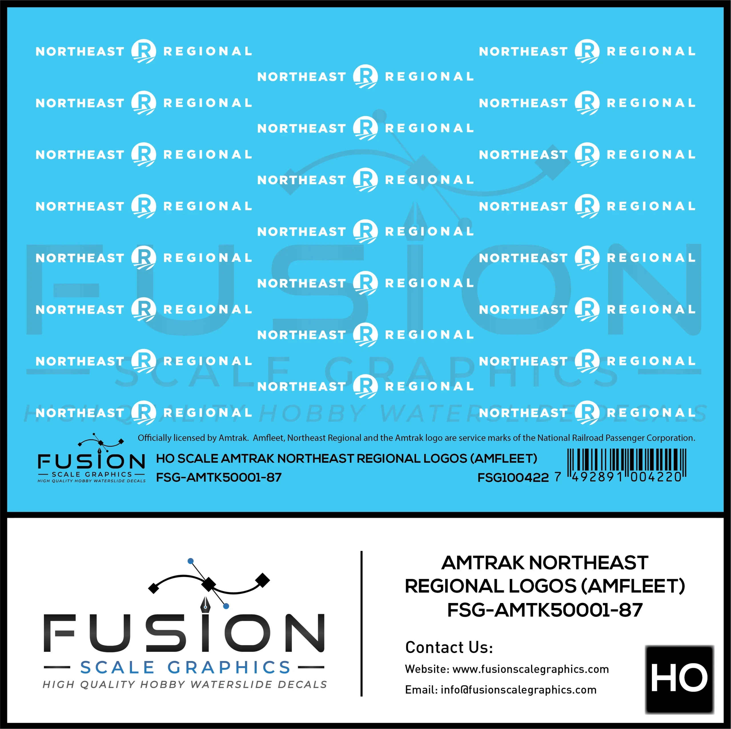 HO Scale Amtrak Northeast Regional Amfleet Logos Decal Set - Fusion Scale Graphics