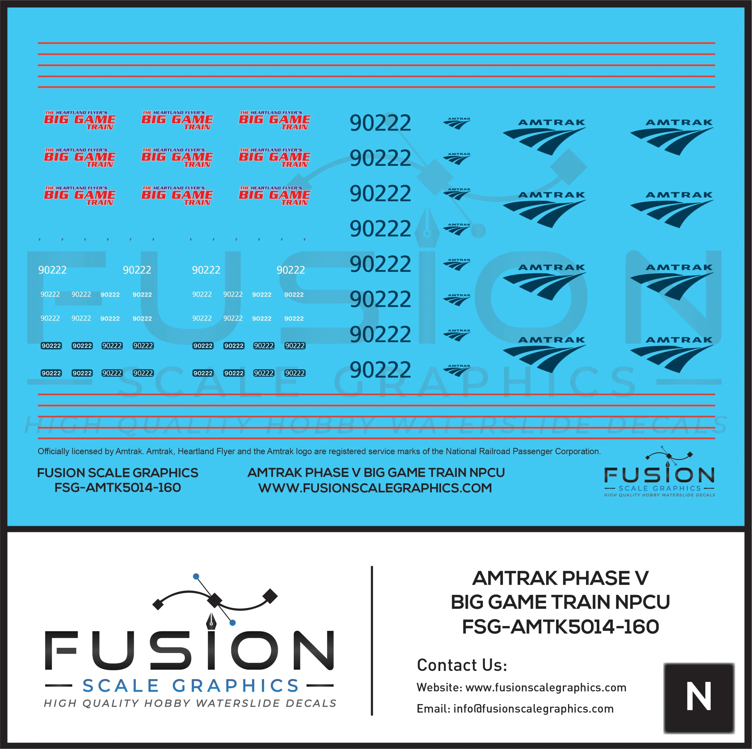 N Scale Amtrak Phase V Big Game Train NPCU Decal Set - Fusion Scale Graphics