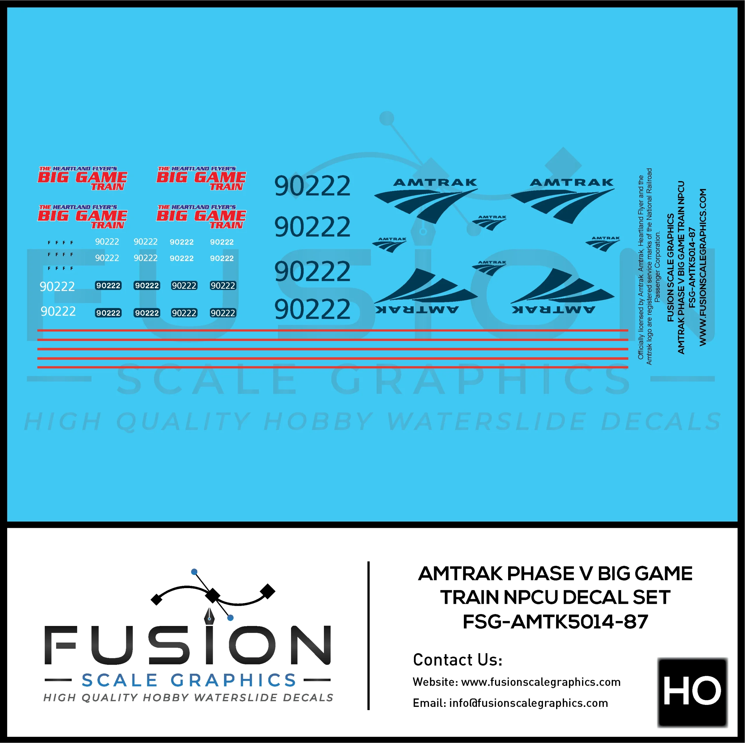 HO Scale Amtrak Phase V Big Game Train NPCU Decal Set - Fusion Scale Graphics