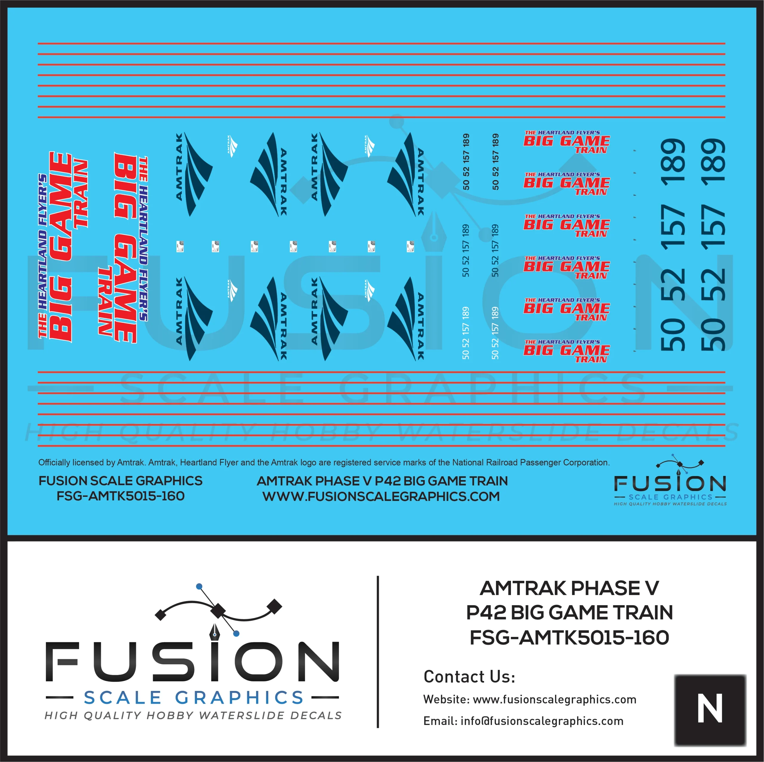N Scale Amtrak Phase V P42 Big Game Train Locomotives Decal Set - Fusion Scale Graphics