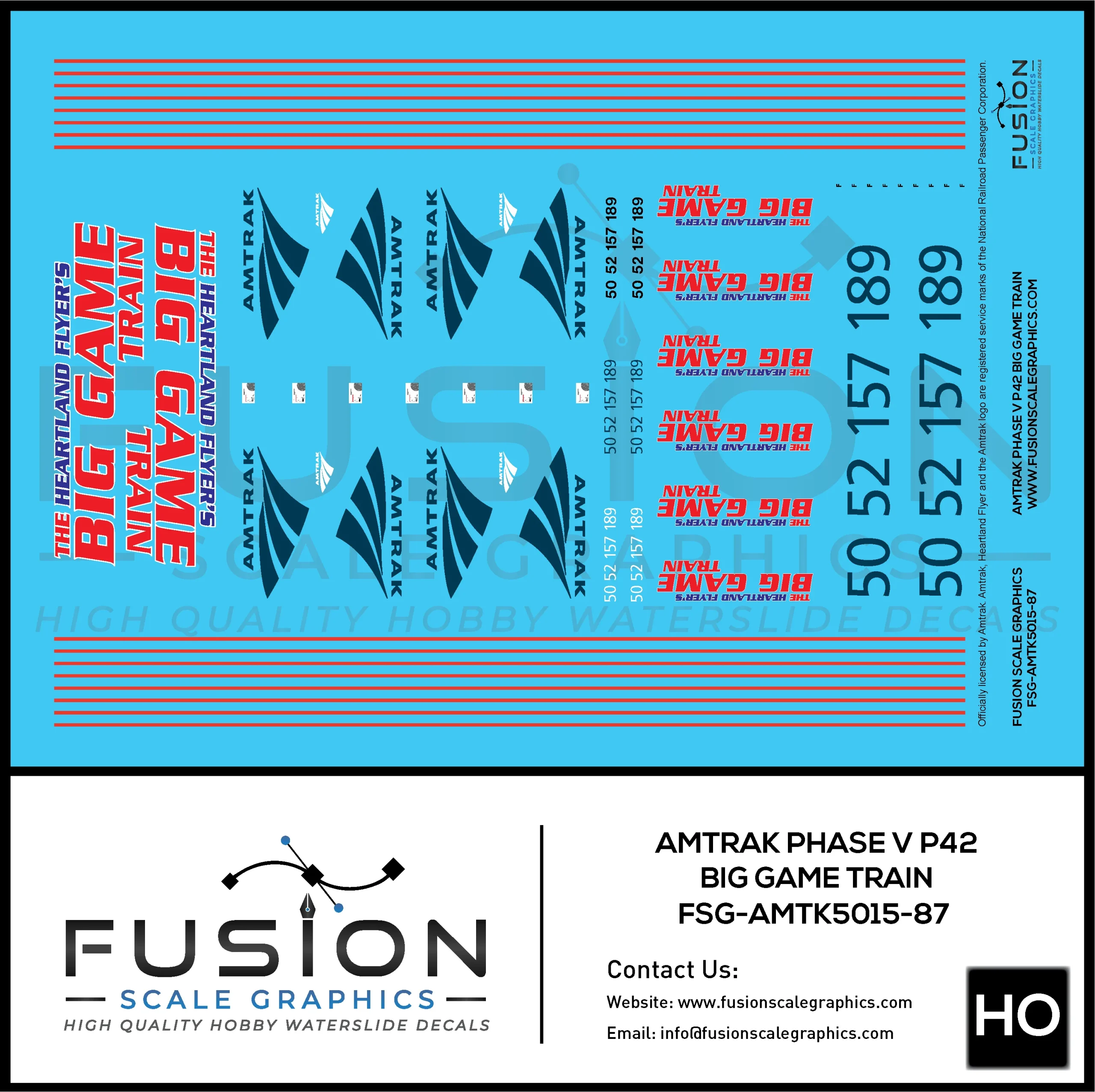 HO Scale Amtrak Phase V P42 Big Game Train Locomotives Decal Set - Fusion Scale Graphics