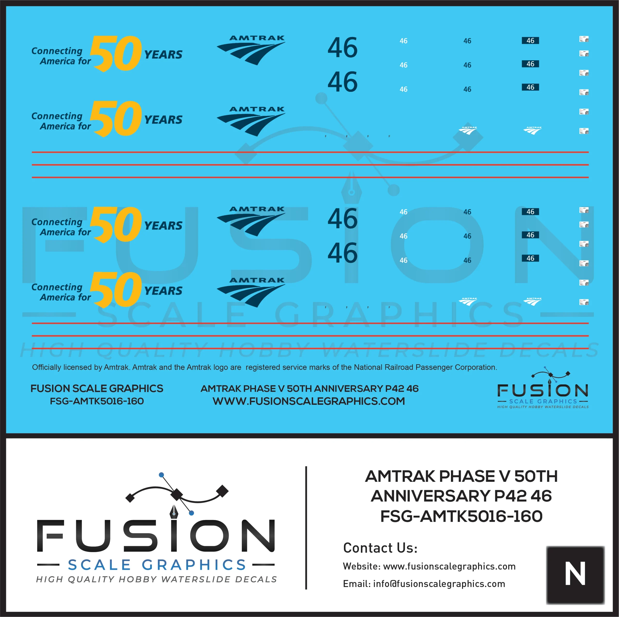 N Scale Amtrak Phase V 50th Anniversary P42 46 Locomotive Decal Set - Fusion Scale Graphics