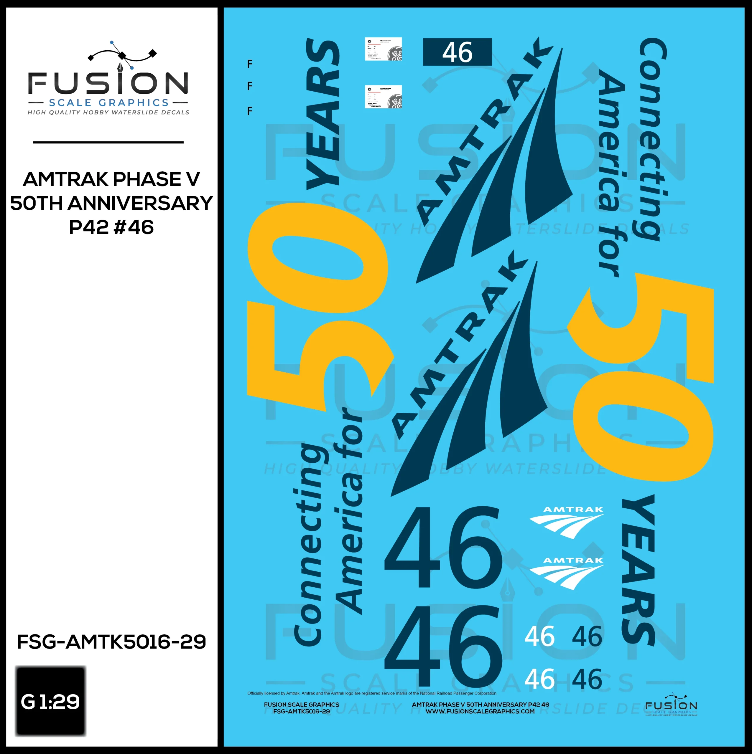 G Scale 1:29 Amtrak Phase V 50th Anniversary P42 46 Locomotive Decal Set - Fusion Scale Graphics