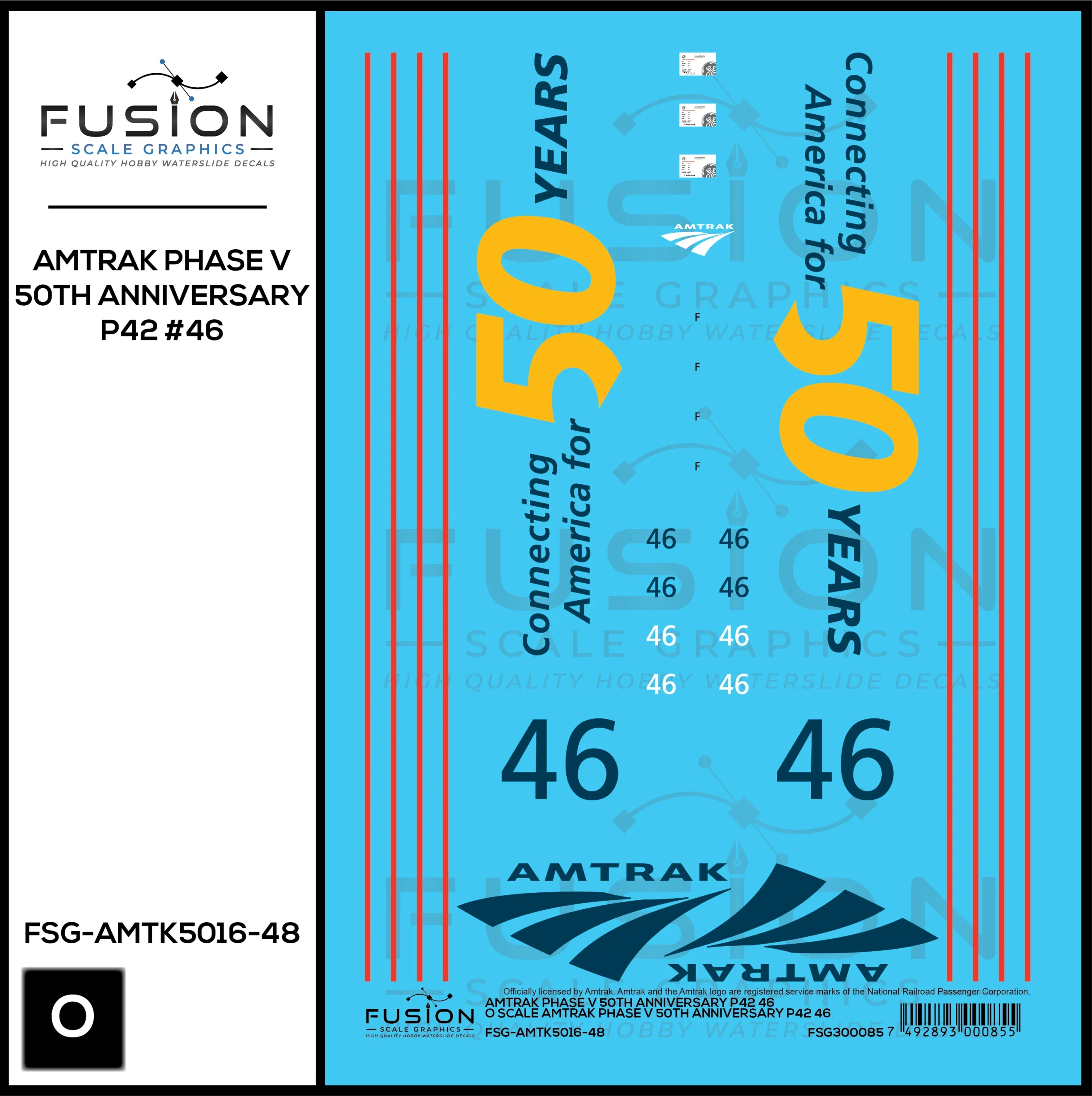 O Scale Amtrak Phase V 50th Anniversary P42 46 Locomotive Decal Set - Fusion Scale Graphics
