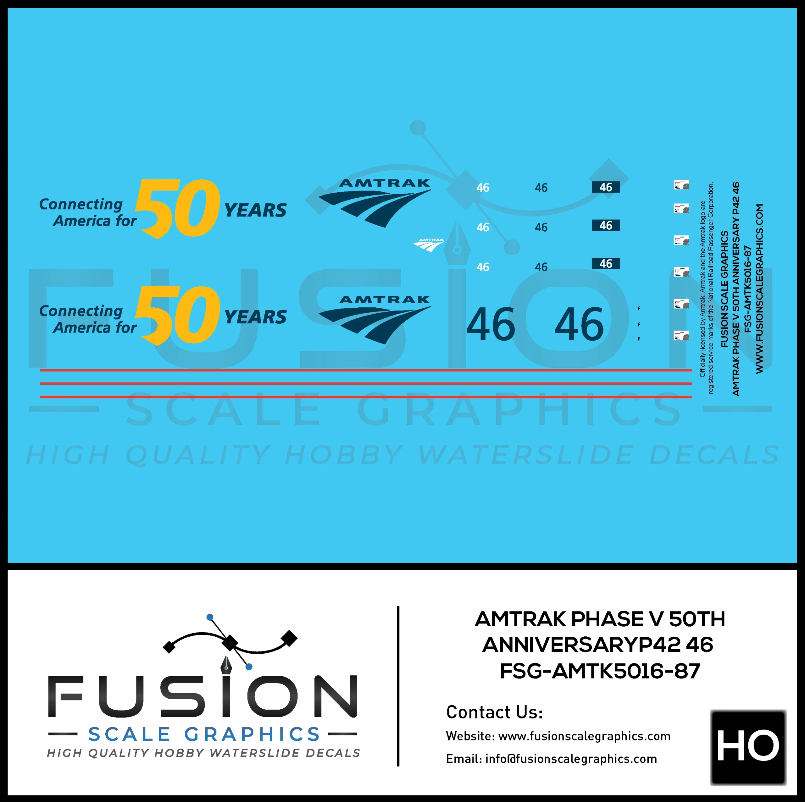 HO Scale Amtrak Phase V 50th Anniversary P42 46 Locomotive Decal Set - Fusion Scale Graphics