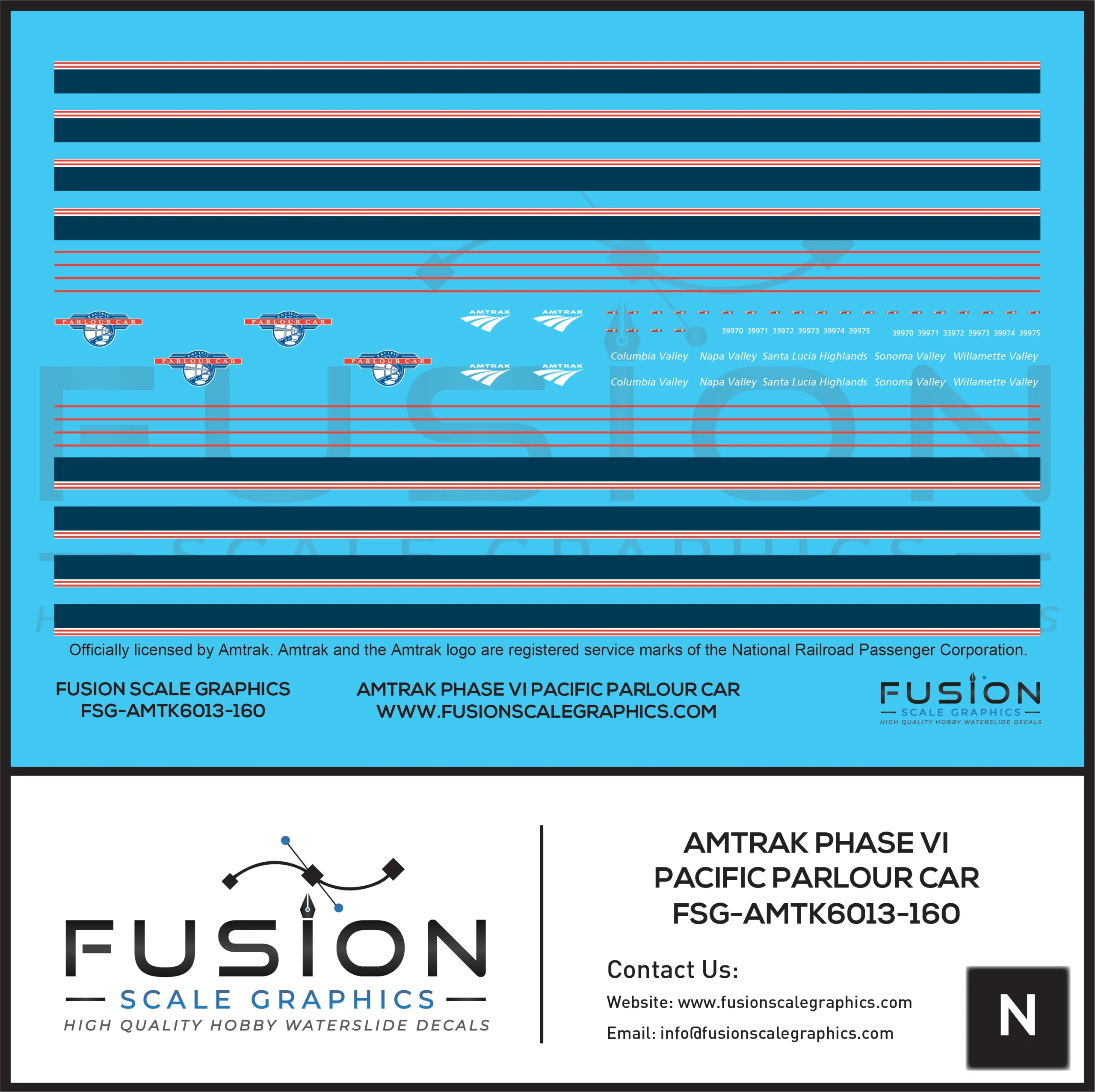 N Scale Amtrak Phase VI Pacific Parlour Car Decal Set - Fusion Scale Graphics
