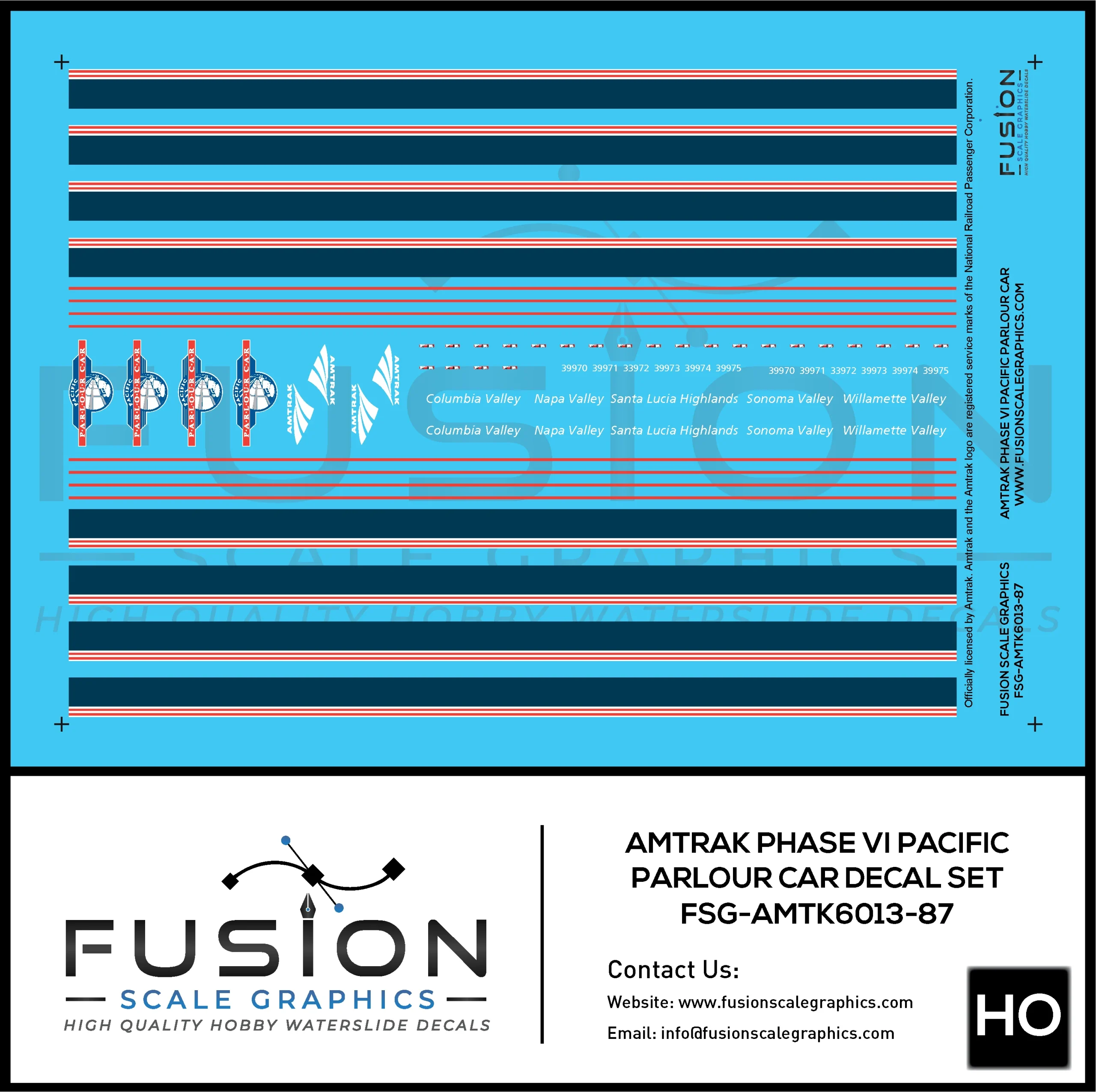 HO Scale Amtrak Phase VI Pacific Parlour Car Decal Set - Fusion Scale Graphics