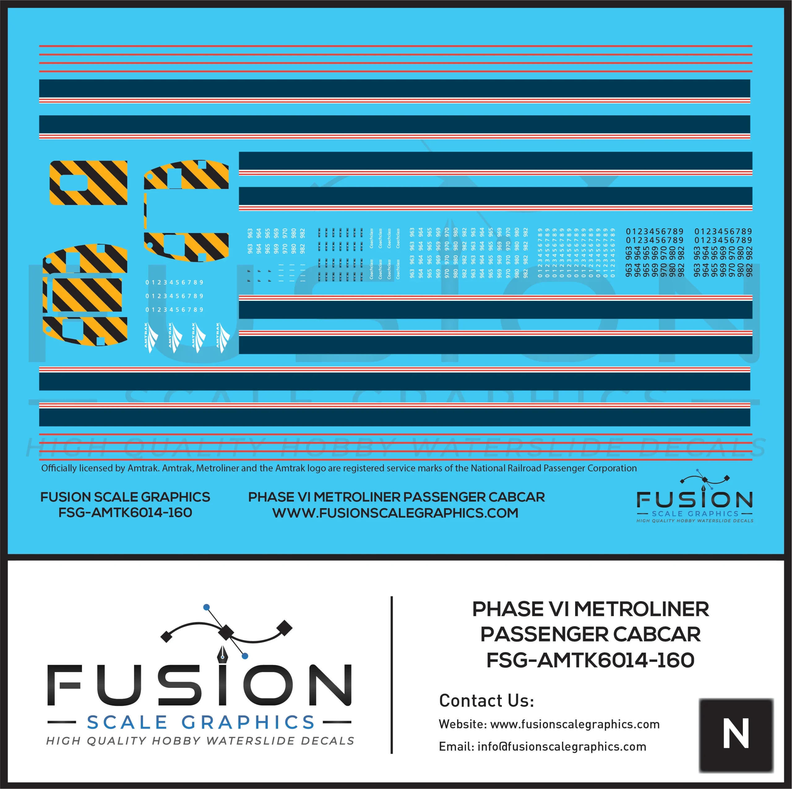 N Scale Amtrak Phase VI Metroliner Passenger Cabcar Decal Set - Fusion Scale Graphics