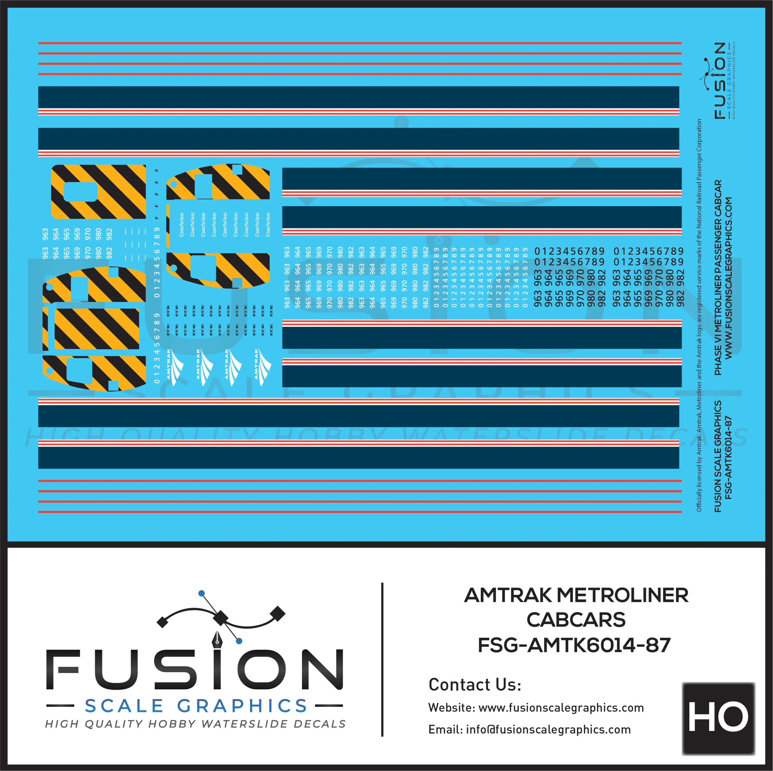 HO Scale Amtrak Phase VI Metroliner Passenger Cabcar Decal Set - Fusion Scale Graphics