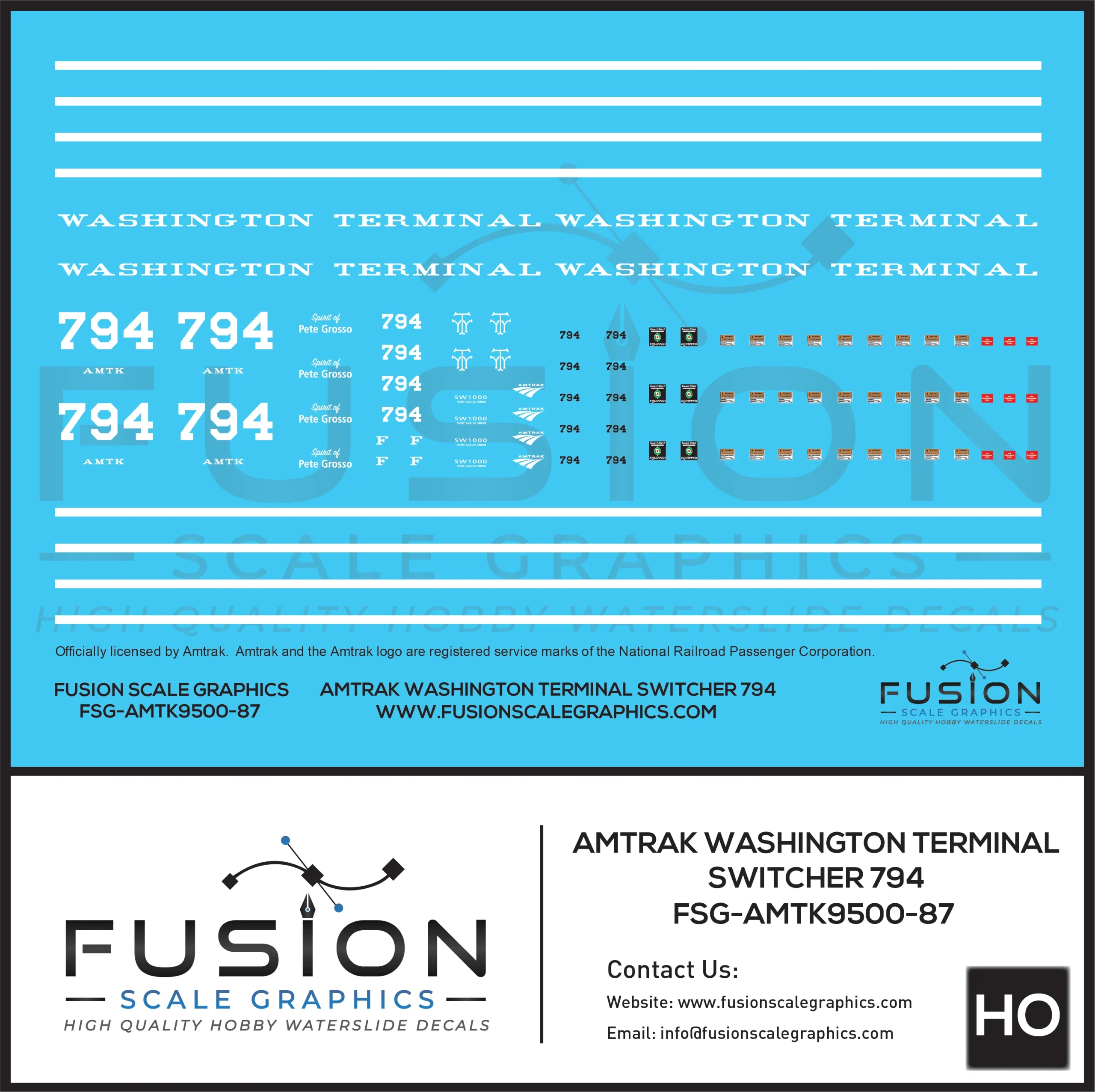 HO Scale Amtrak Washington Terminal 794 SW1000 Decal Set - Fusion Scale Graphics
