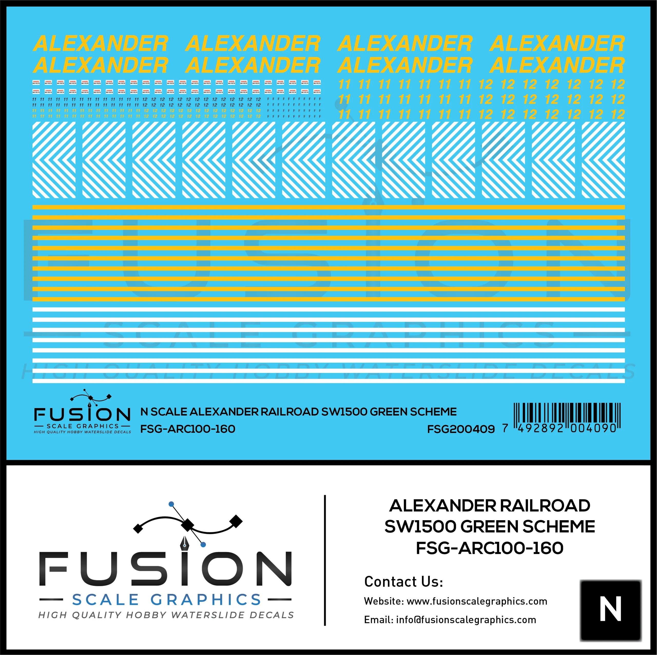 N Scale Alexander Railroad SW1500 Green Scheme Locomotive Decal Set - Fusion Scale Graphics