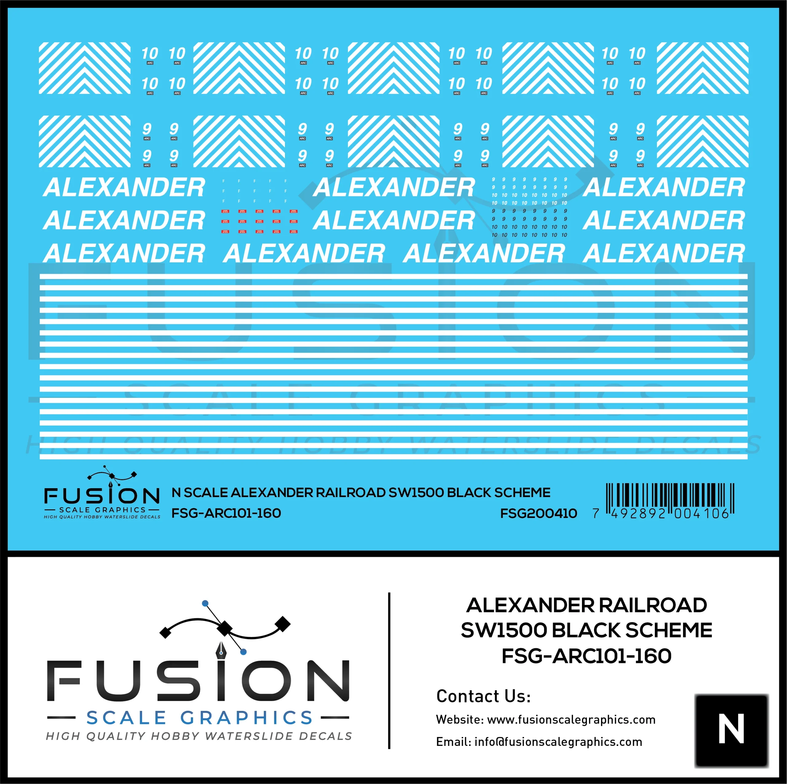 N Scale Alexander Railroad SW1500 Black Scheme Locomotive Decal Set - Fusion Scale Graphics