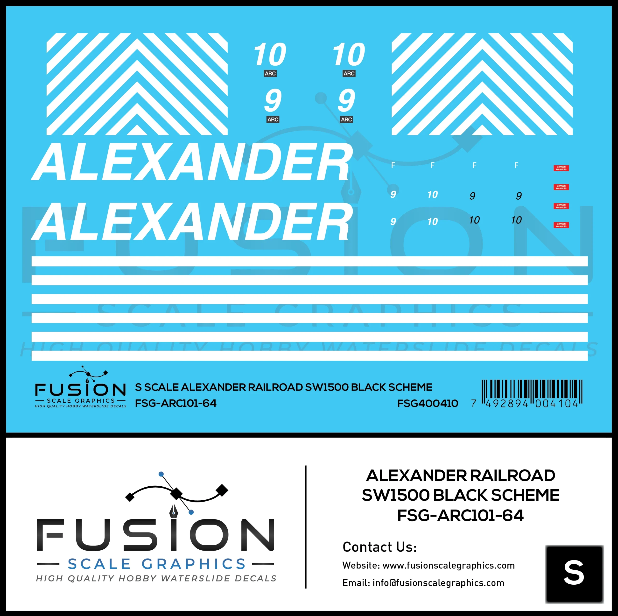 S Scale Alexander Railroad SW1500 Black Scheme Locomotive Decal Set - Fusion Scale Graphics