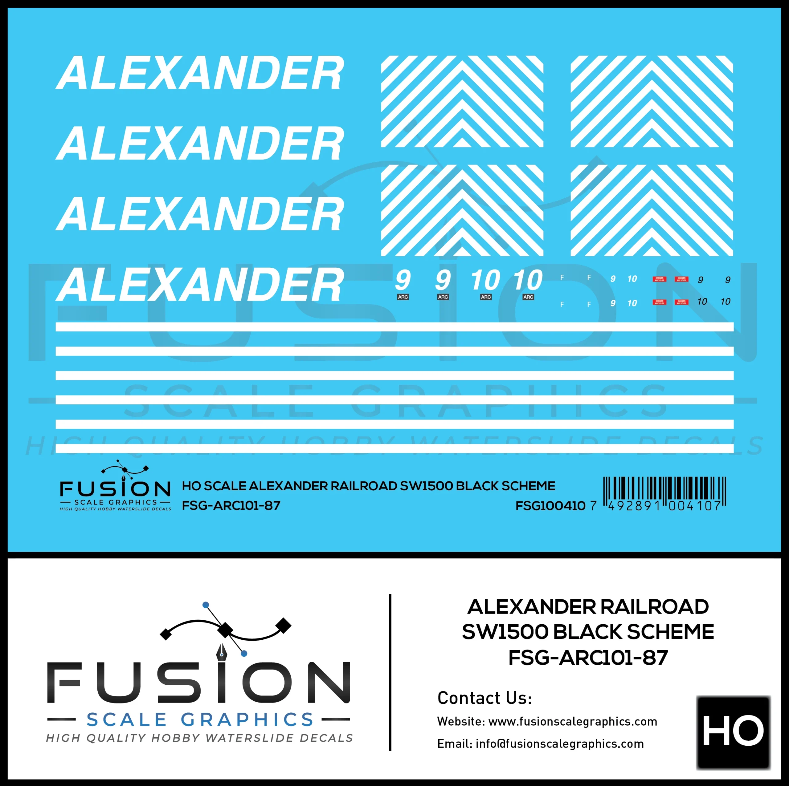 HO Scale Alexander Railroad SW1500 Black Scheme Locomotive Decal Set - Fusion Scale Graphics