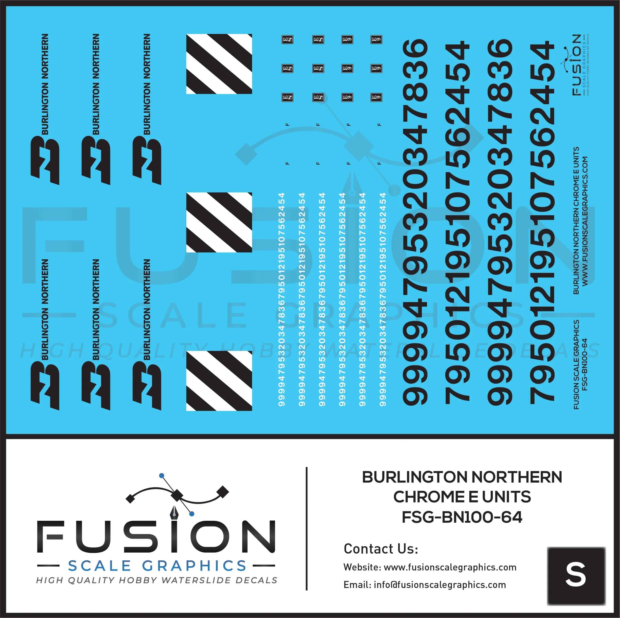 S Scale Burlington Northern Chrome E8 E9 Locomotive Decal Set - Fusion Scale Graphics