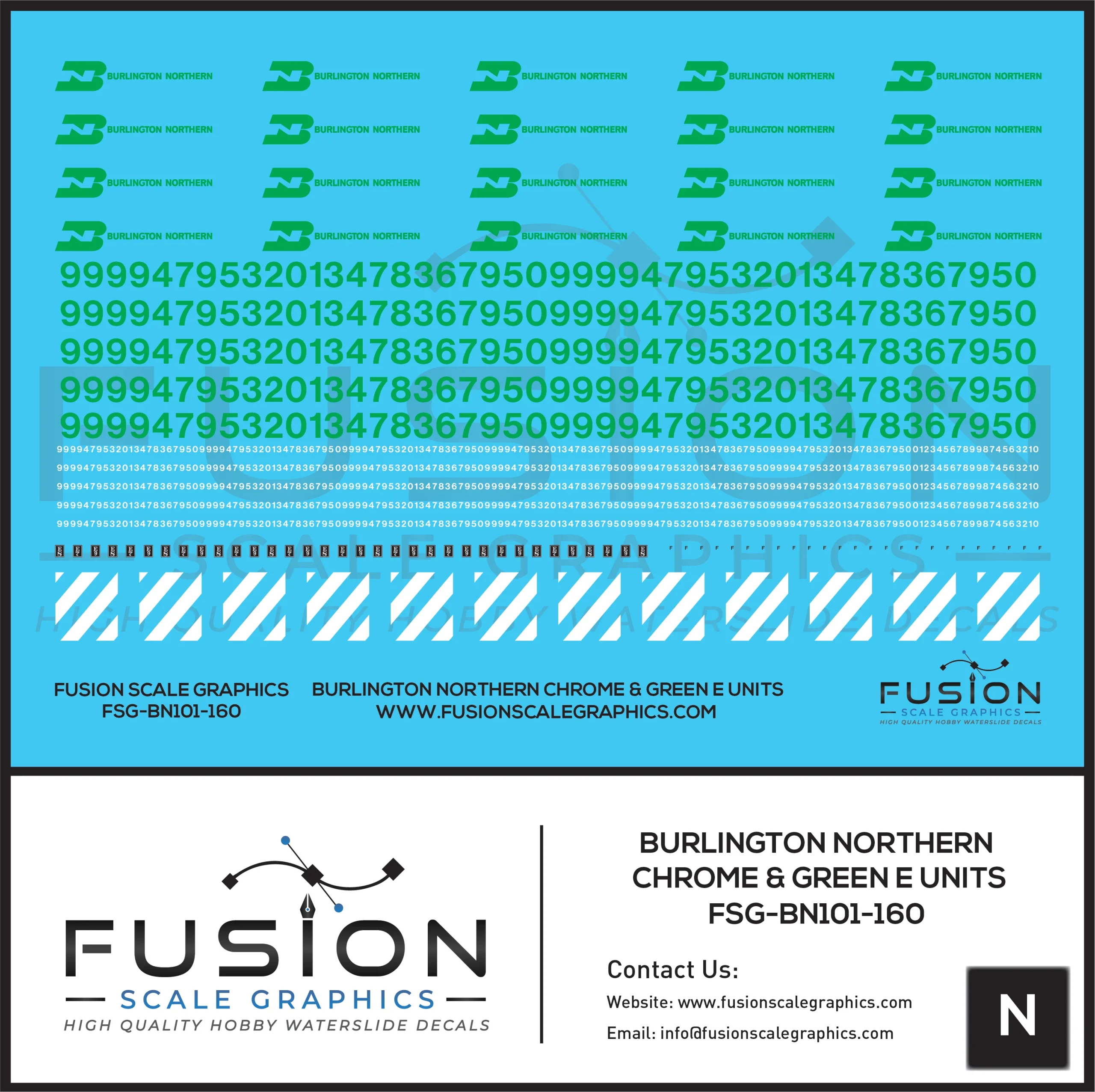 N Scale Burlington Northern Chrome & Green E8 E9 Locomotive Decal Set - Fusion Scale Graphics