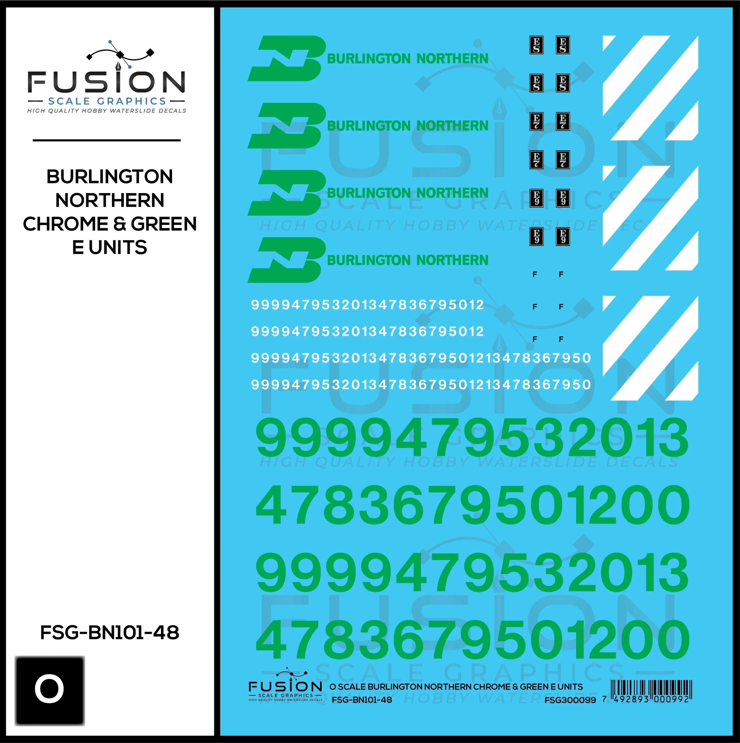 O Scale Burlington Northern Chrome & Green E Units Decal Set - Fusion Scale Graphics