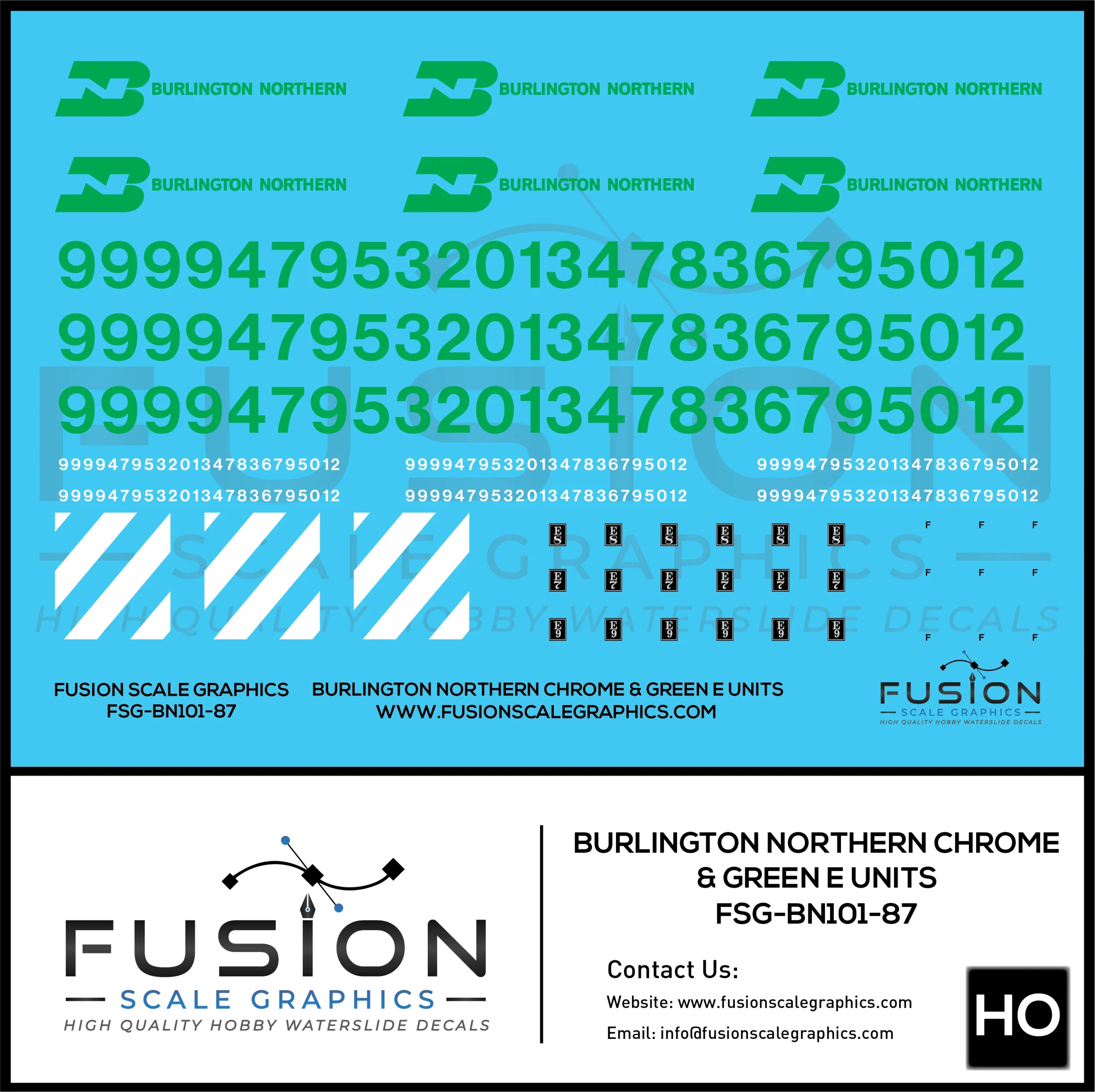 HO Scale Burlington Northern Chrome & Green E8 E9 Locomotive Decal Set - Fusion Scale Graphics