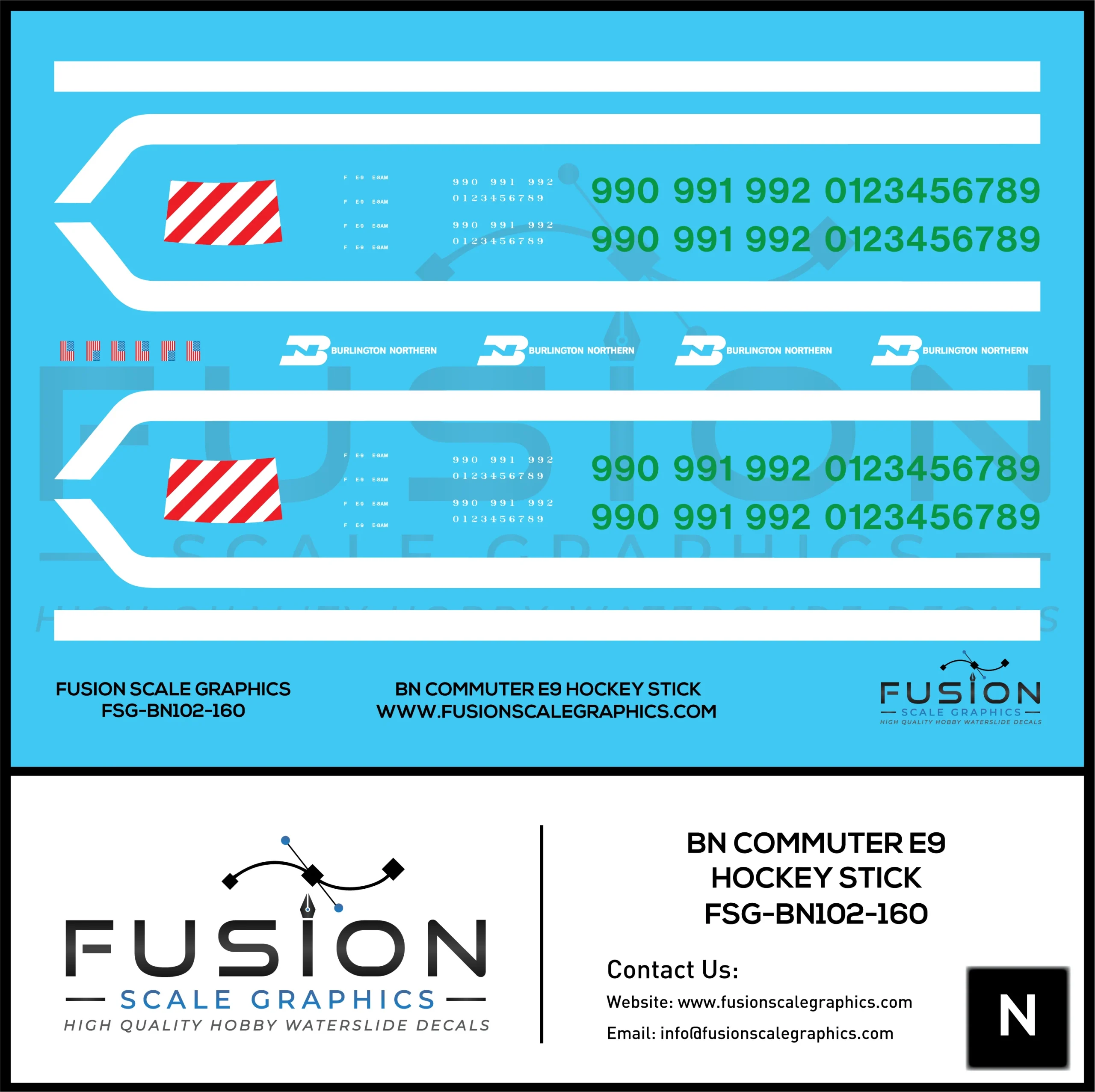 N Scale Burlington Northern Commuter E9 Hockey Stick Locomotive Decal Set - Fusion Scale Graphics