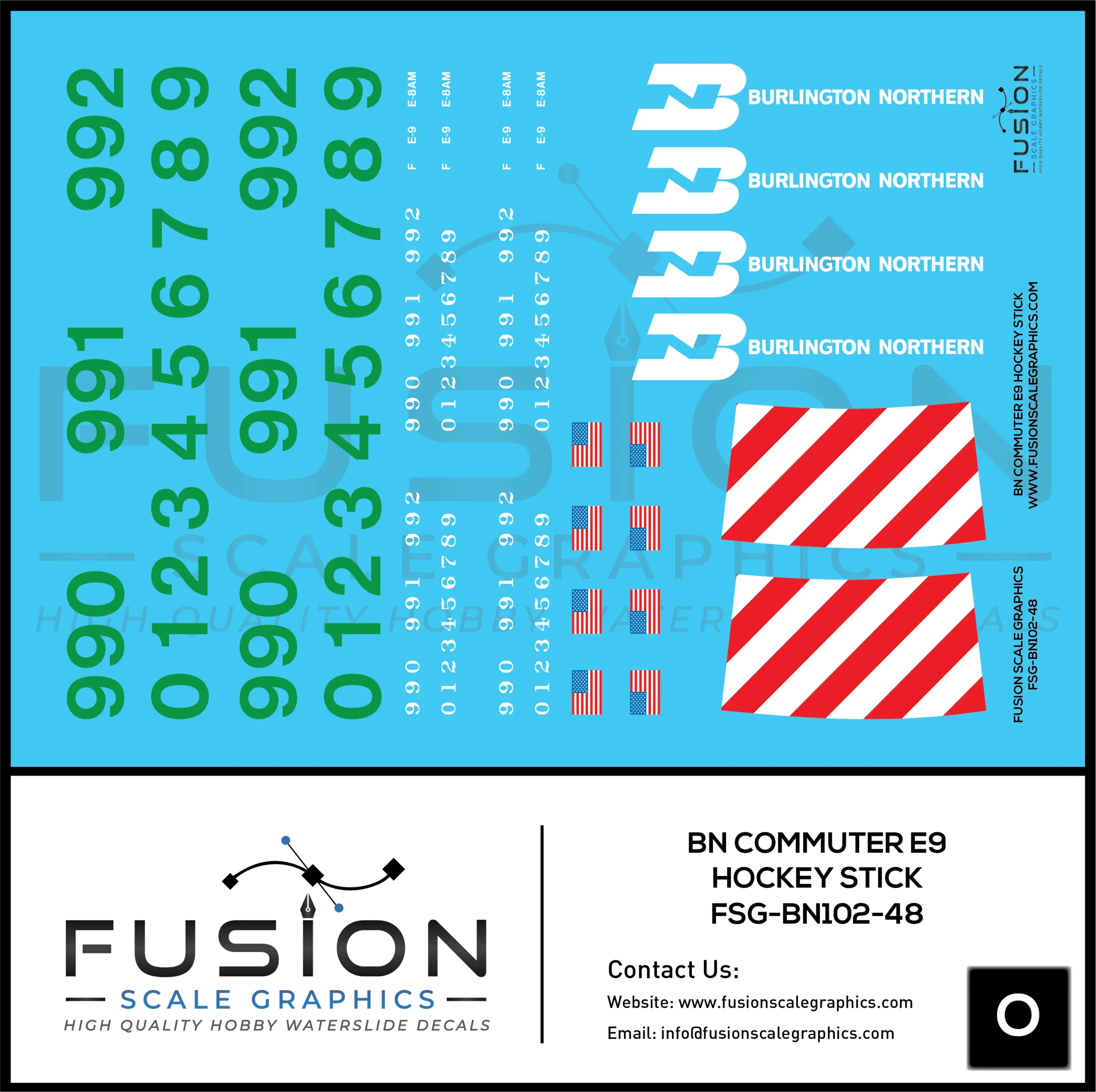 O Scale Burlington Northern Commuter E9 Hockey Stick Locomotive Decal Set - Fusion Scale Graphics