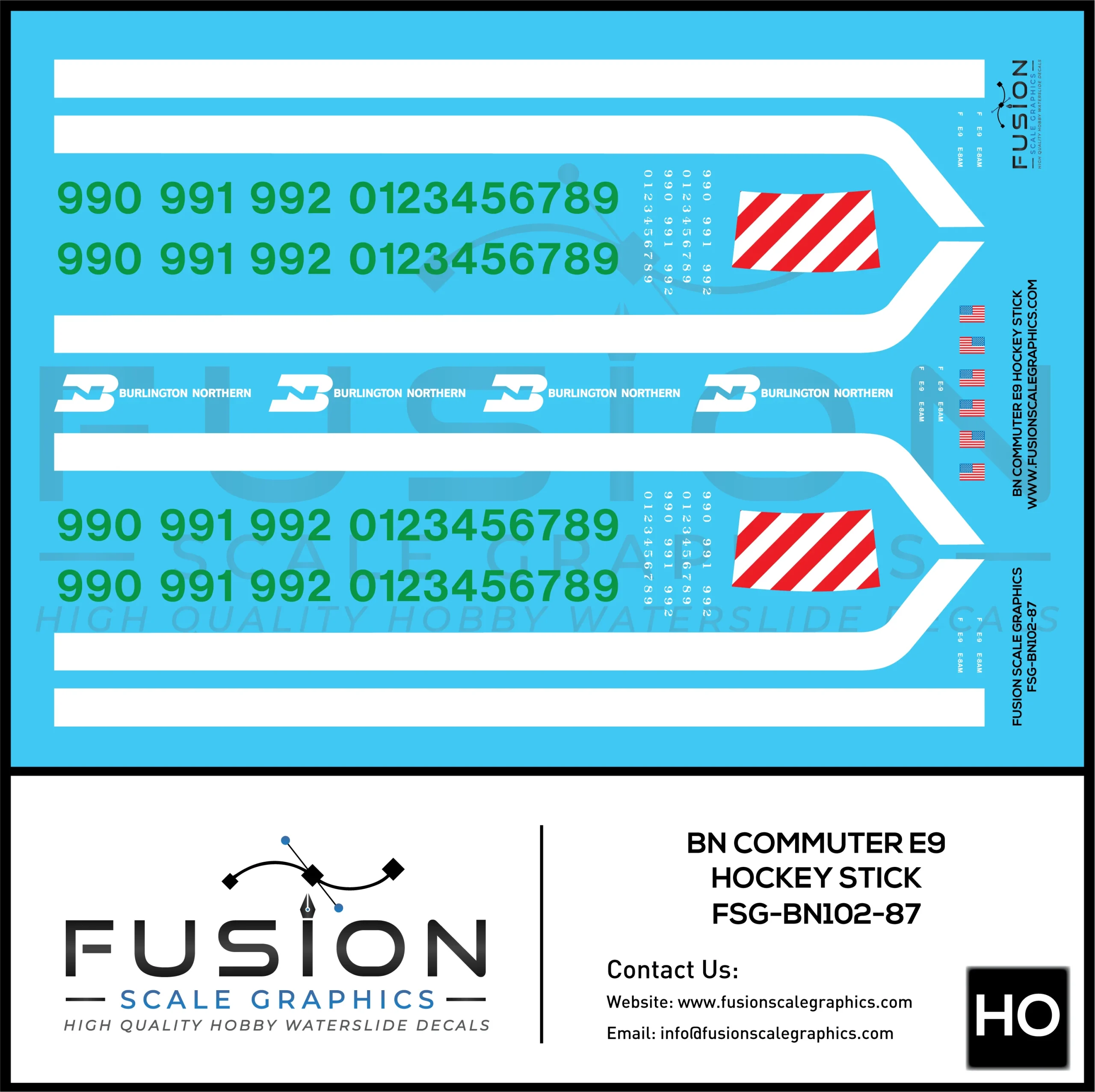 HO Scale Burlington Northern Commuter E9 Hockey Stick Locomotive Decal Set - Fusion Scale Graphics
