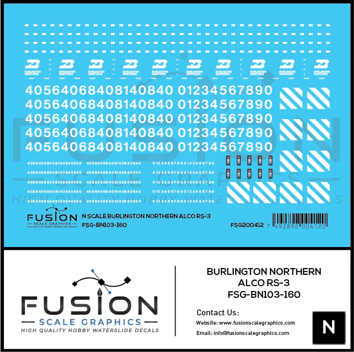 N Scale Burlington Northern Alco RS3 Locomotive Decal Set - Fusion Scale Graphics