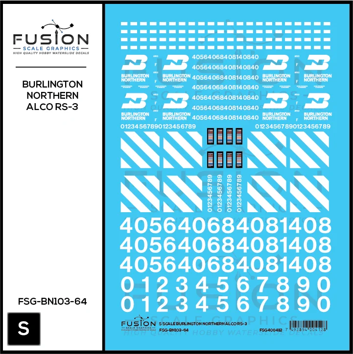S Scale Burlington Northern Alco RS3 Locomotive Decal Set - Fusion Scale Graphics