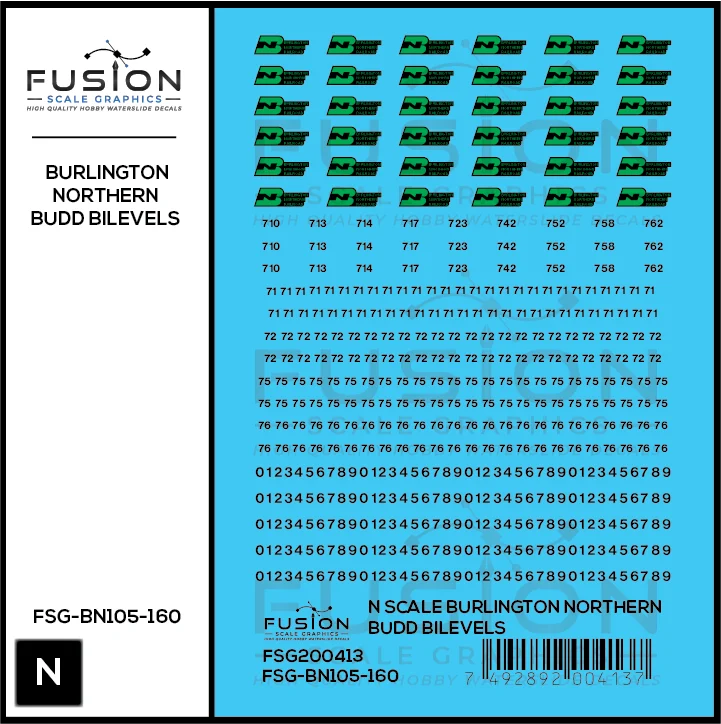 N Scale Burlington Northern Budd Bilevels Decal Set - Fusion Scale Graphics