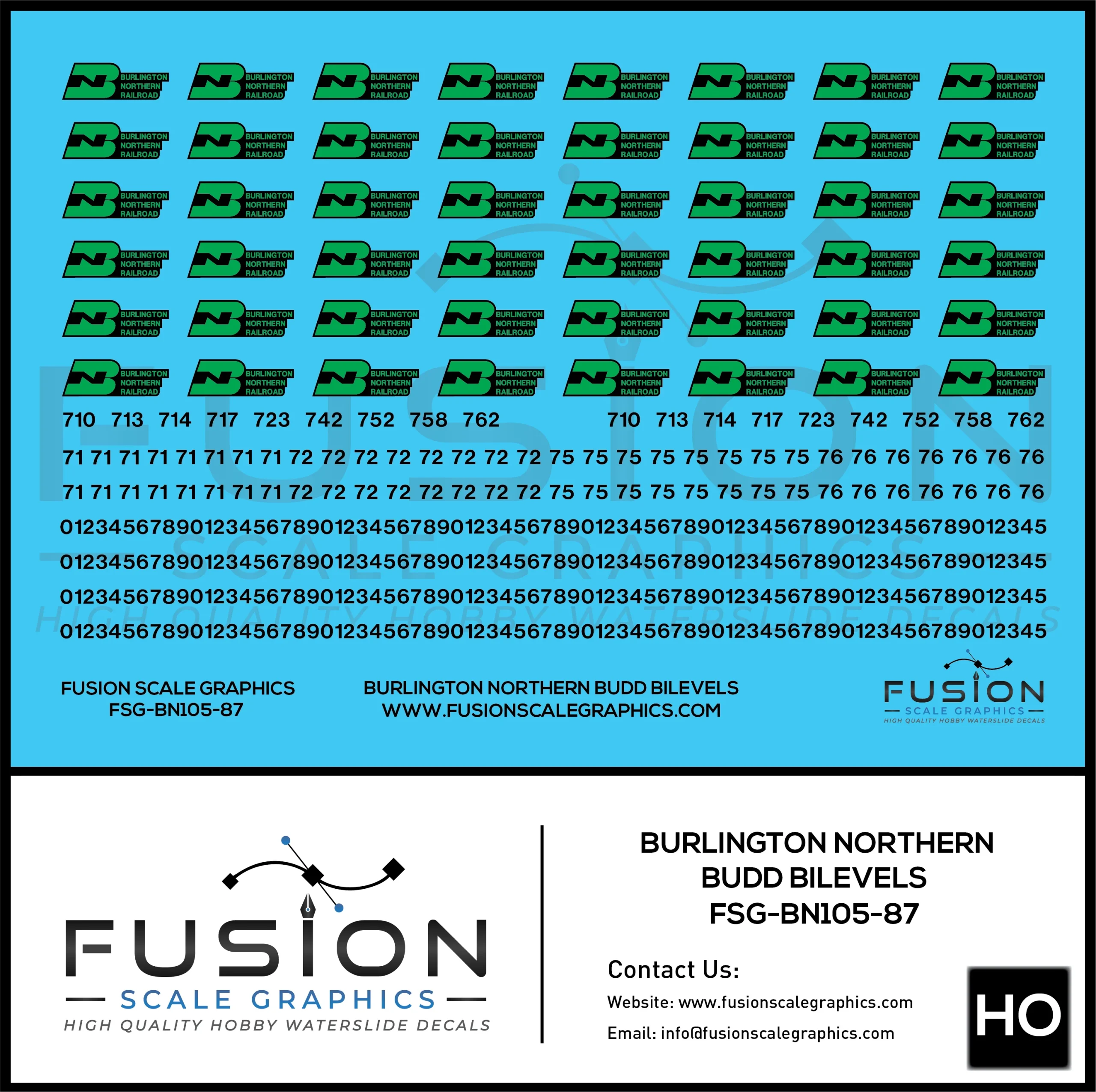 HO Scale Burlington Northern Green/Black Logo Budd Car Decal Set - Fusion Scale Graphics
