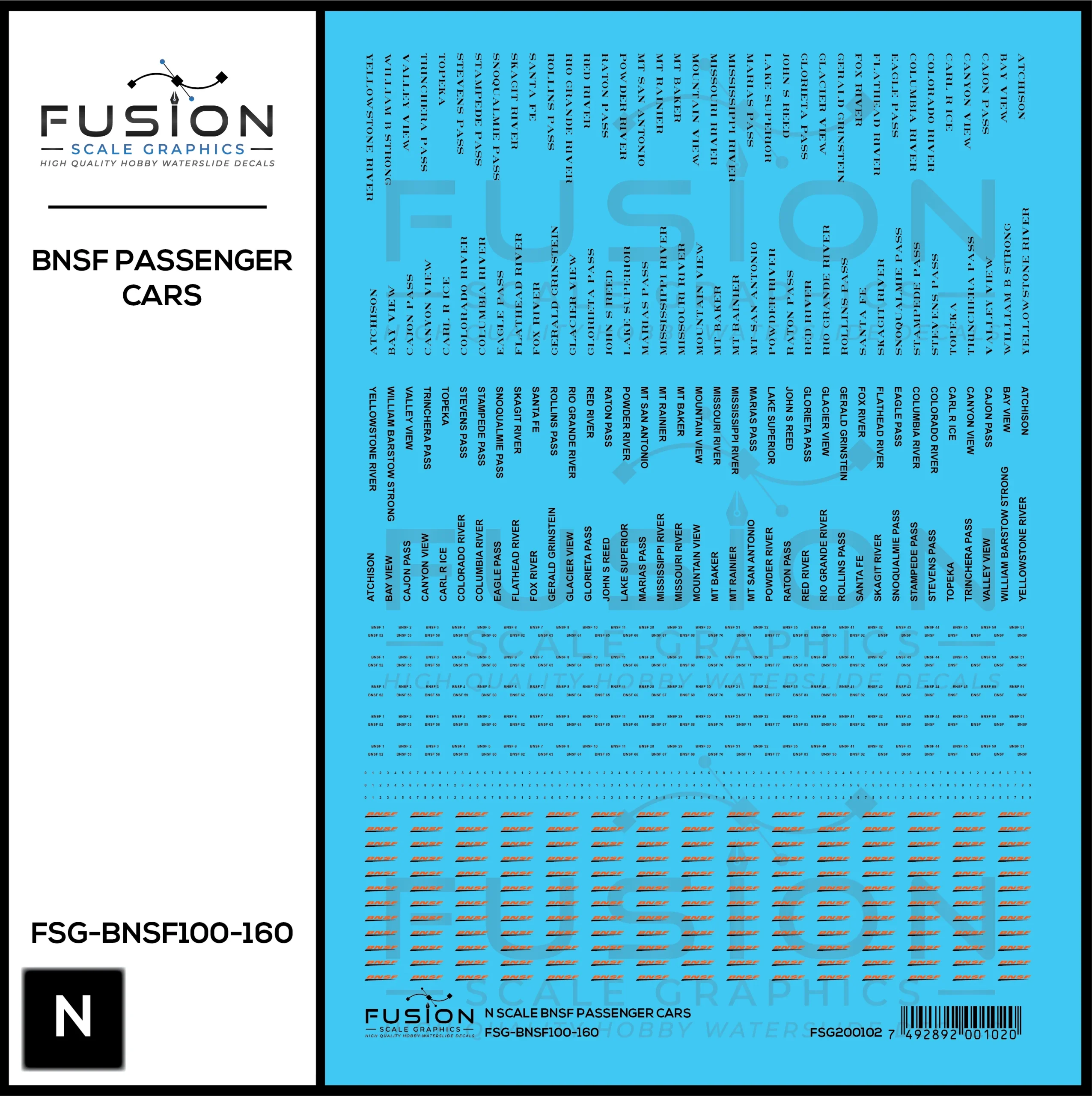 N Scale BNSF Railway Passenger Cars Decal Set - Fusion Scale Graphics