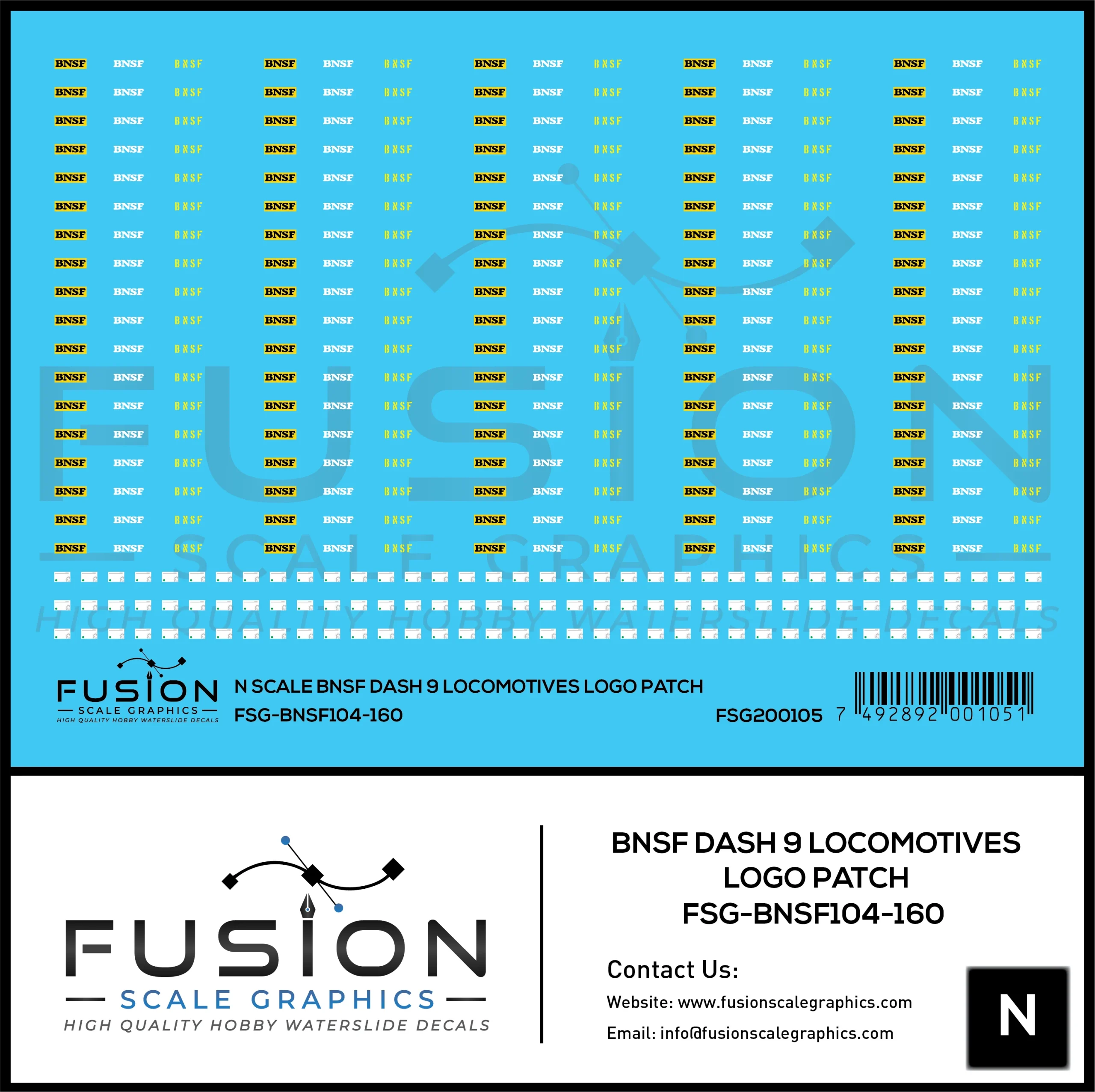 N Scale BNSF Railway Dash 9 Locomotives Logo Patches Decal Set - Fusion Scale Graphics
