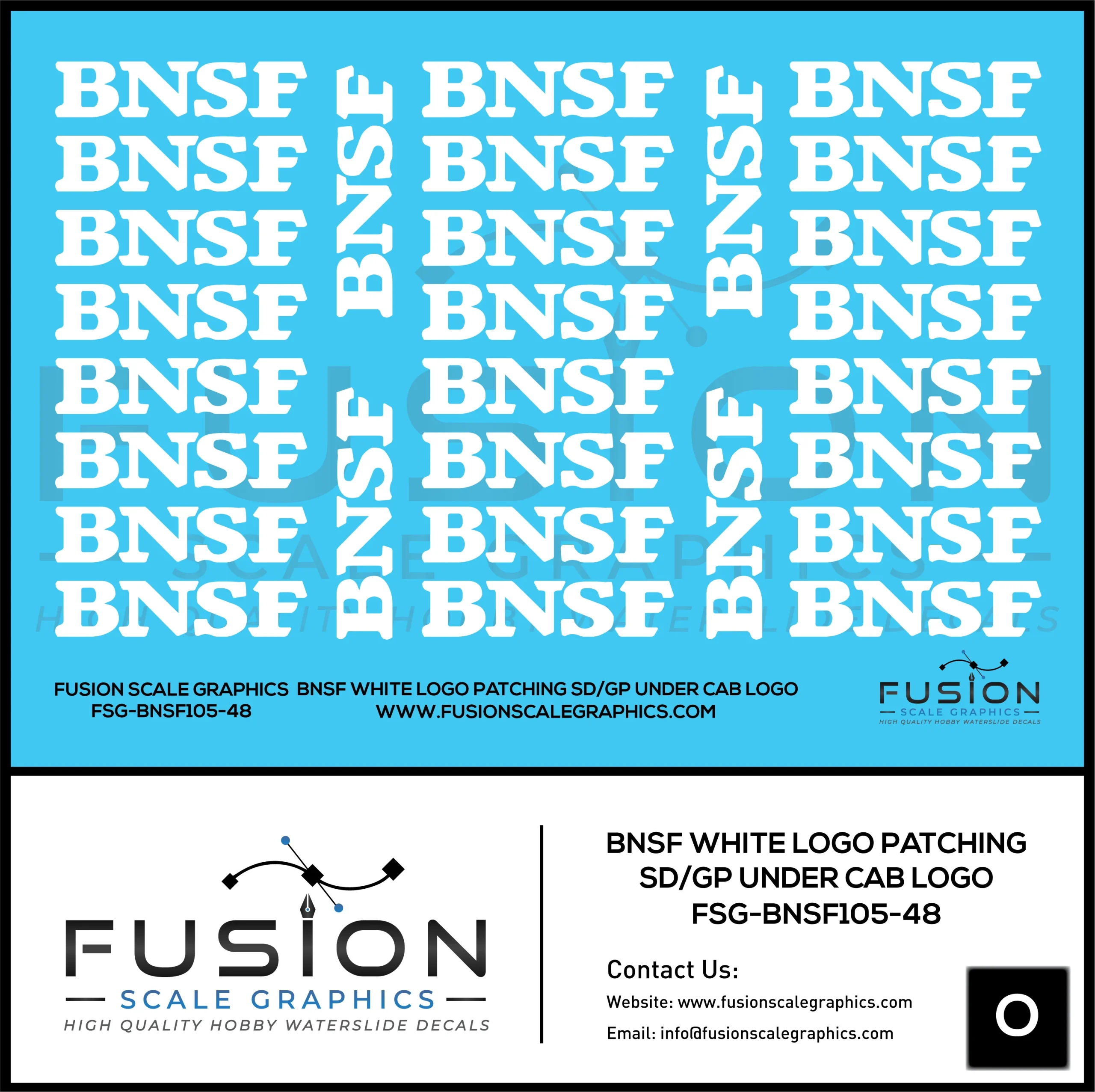 O Scale BNSF White Logo Locomotive Patching Decal Set - Fusion Scale Graphics