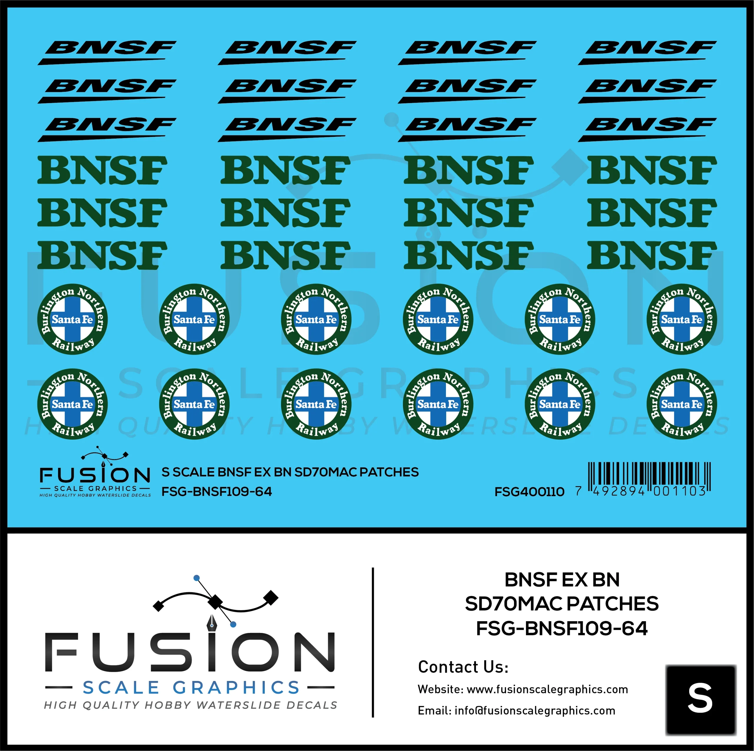 S Scale BNSF Railway Ex BN SD70MAC Locomotive Logo Patches Decal Set - Fusion Scale Graphics