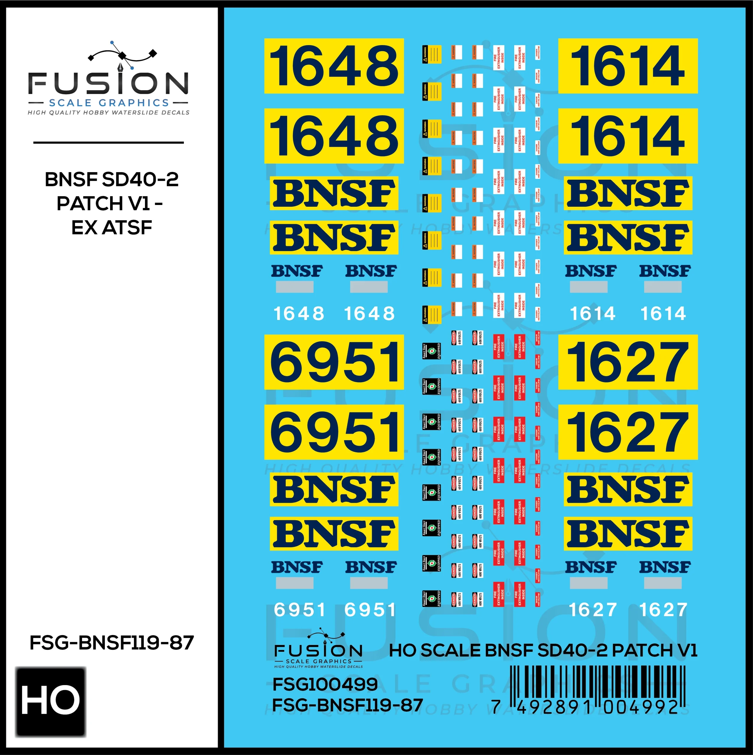 HO Scale BNSF Ex ATSF SD40-2 Patch Decal Set V1