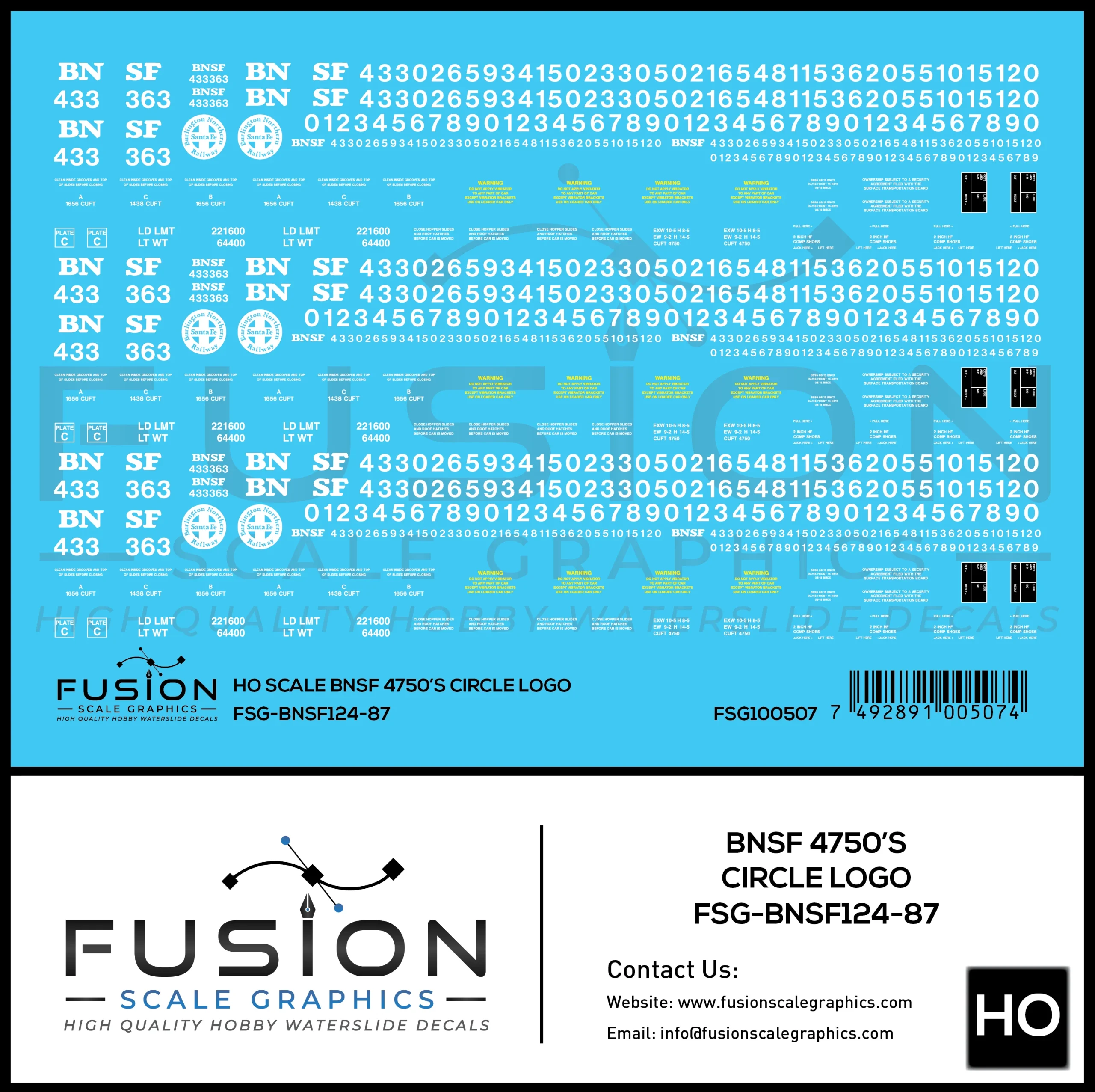 HO Scale BNSF 4750 Covered Hopper w/Circle Logo Decal Set - Fusion Scale Graphics