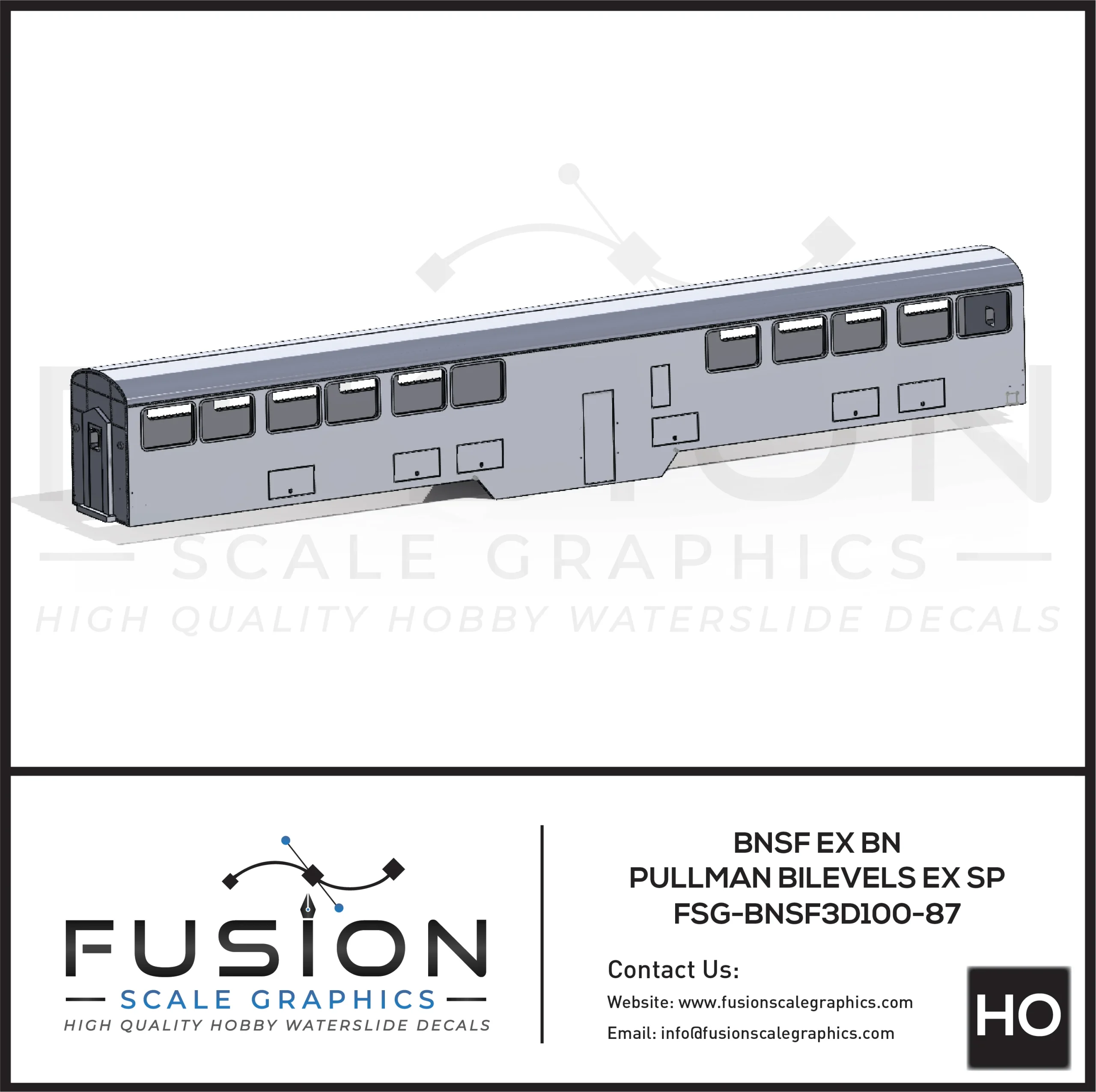 HO Scale BNSF Large Window Bi Level Business Car Shell - Fusion Scale Graphics