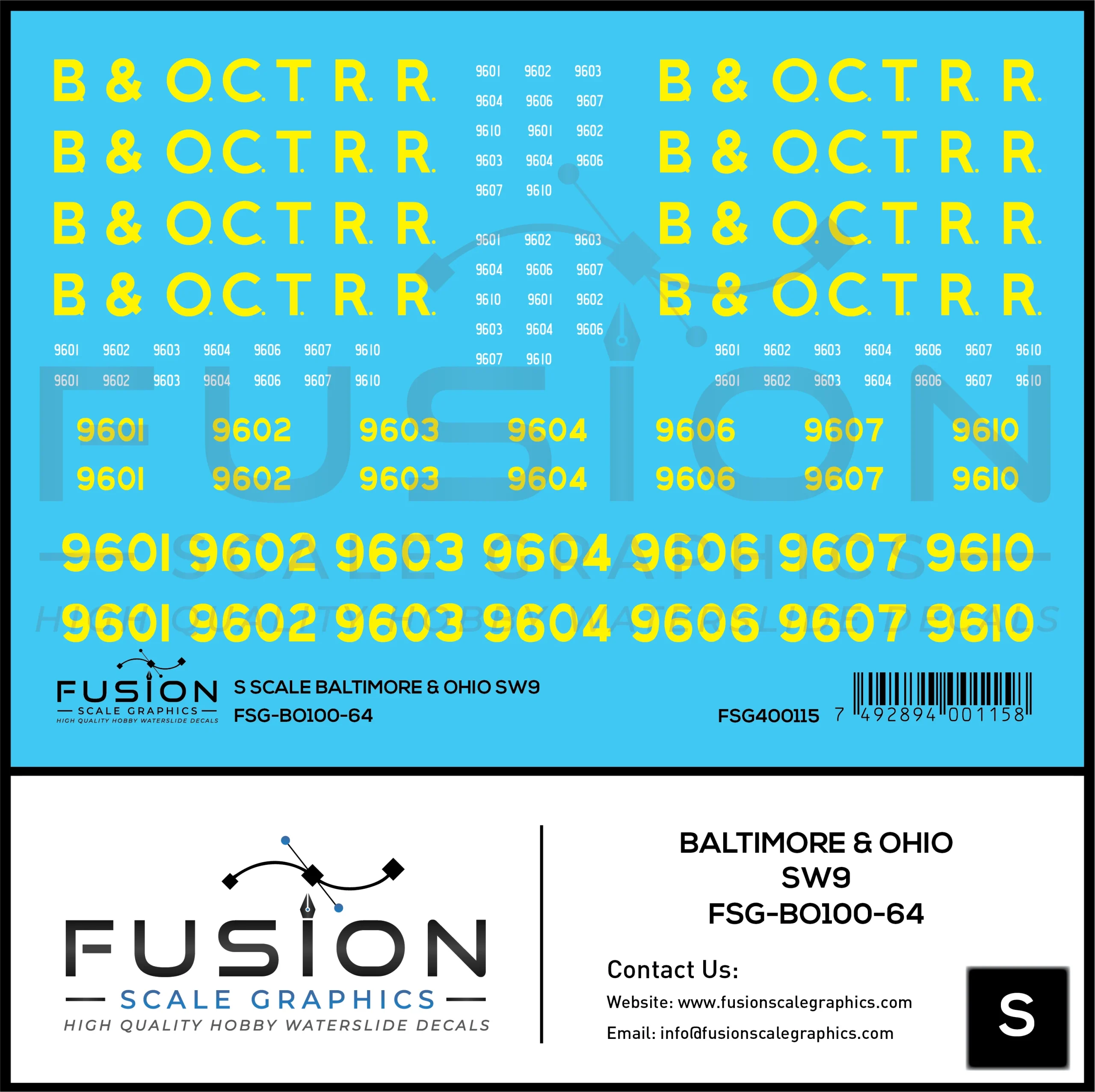 S Scale Baltimore & Ohio EMD SW9 Locomotive Decal Set - Fusion Scale Graphics