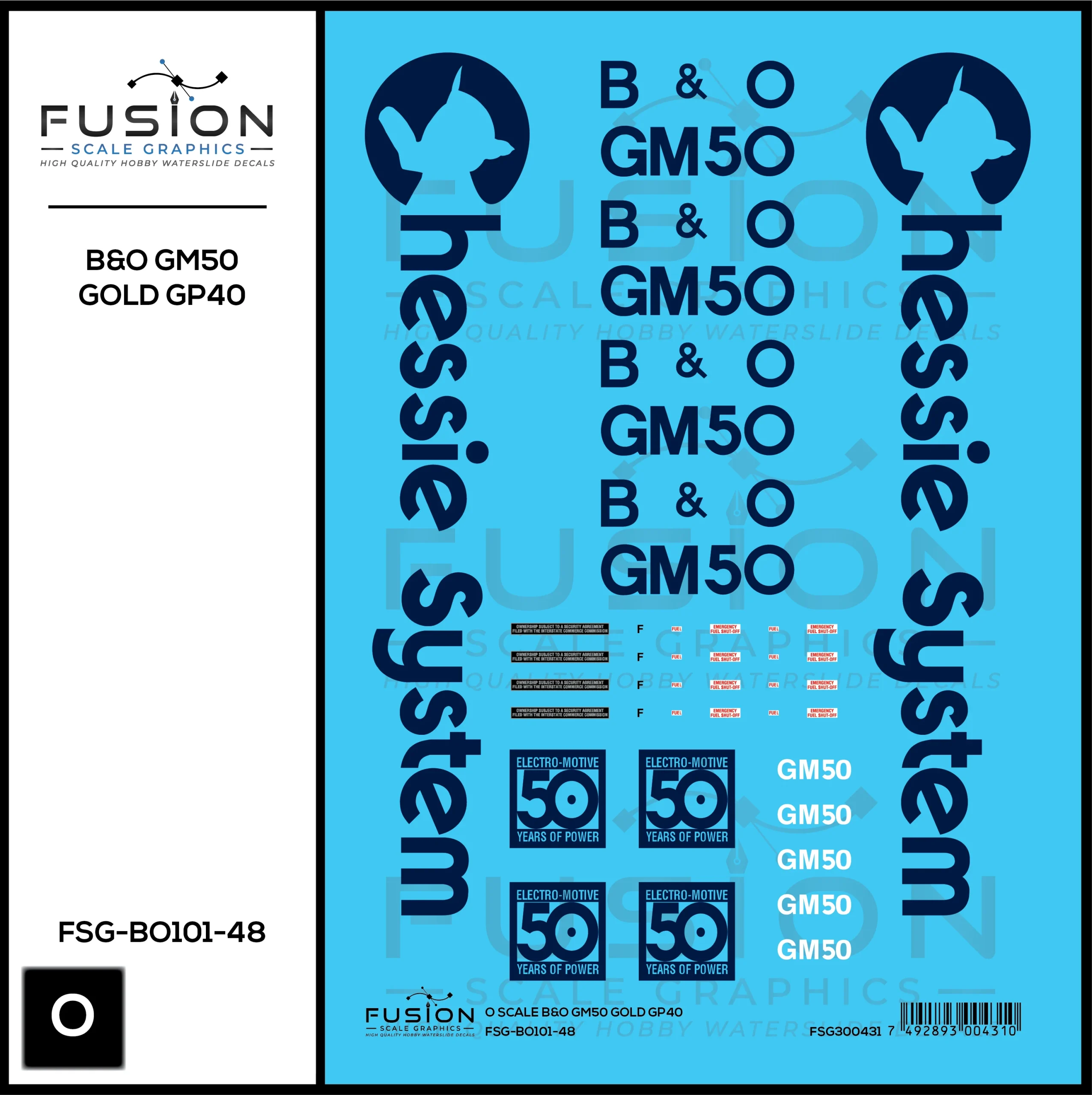 O Scale Baltimore & Ohio EMD 50 Year GM50 Gold GP40 Locomotive Decal Set - Fusion Scale Graphics