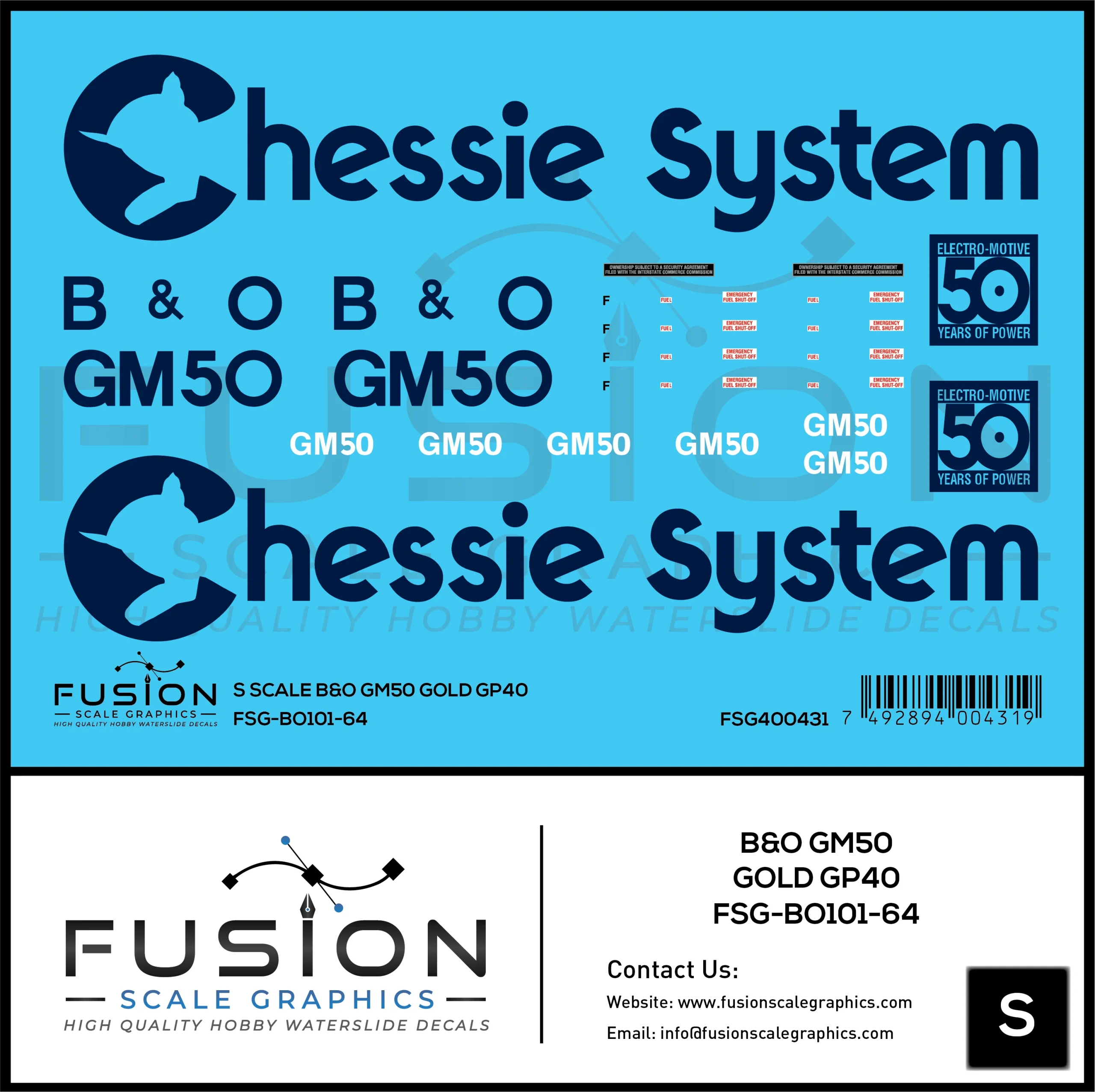 S Scale Baltimore & Ohio EMD 50 Year GM50 Gold GP40 Locomotive Decal Set - Fusion Scale Graphics