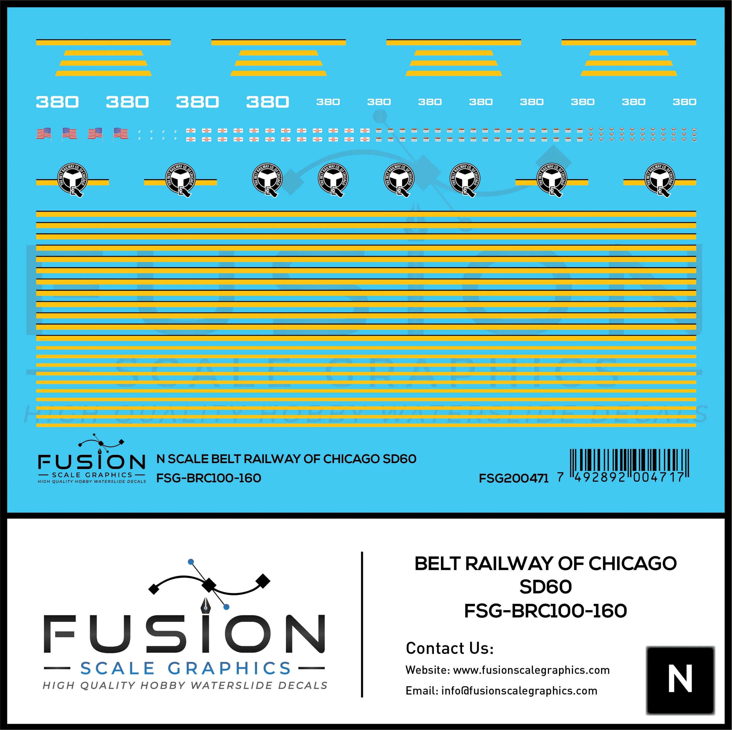 N Scale Belt Railway of Chicago SD60 380 Locomotive Decal Set - Fusion Scale Graphics