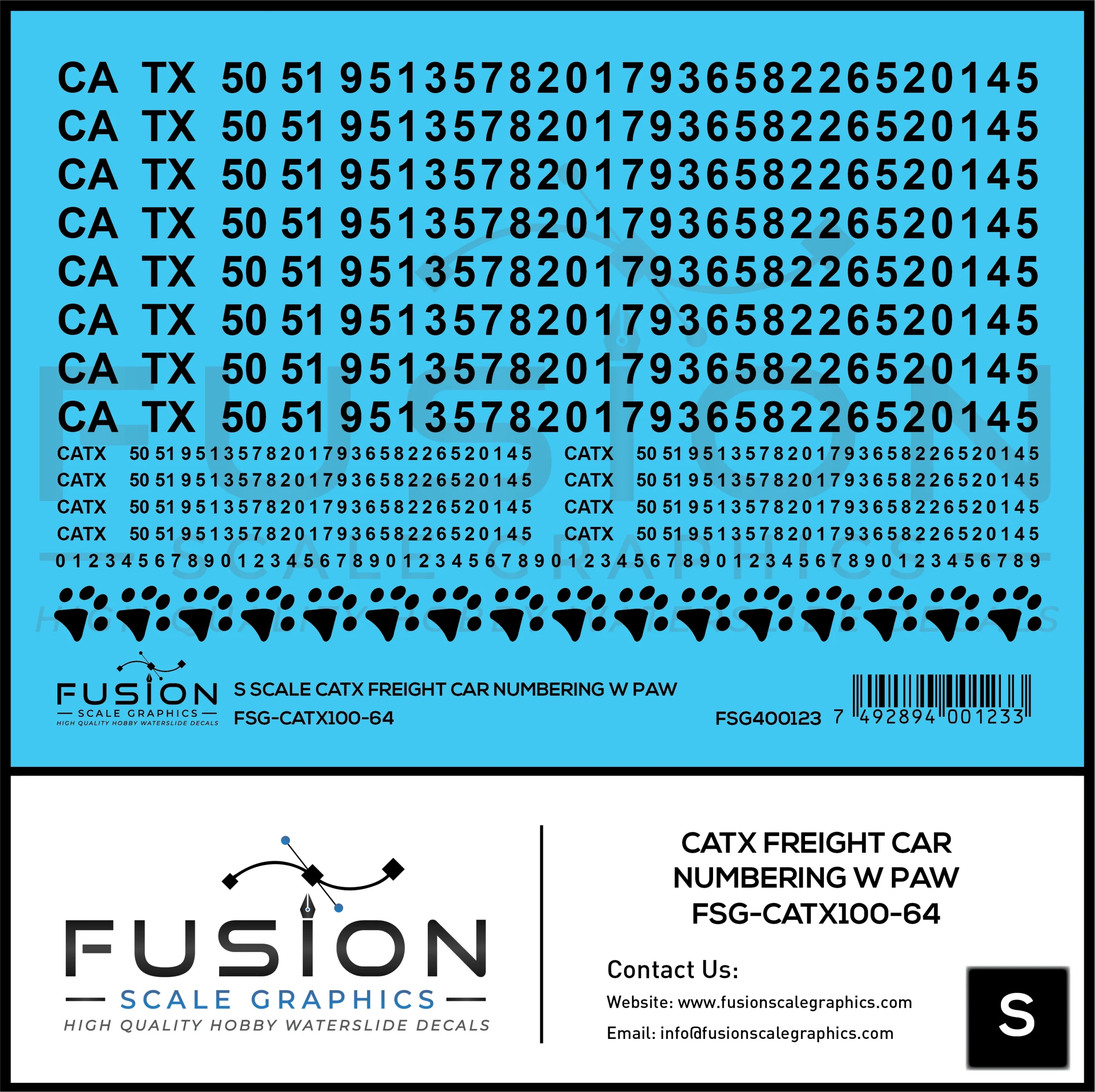 S Scale CATX Freight Car Numbering Decal Set with Paw Print - Fusion Scale Graphics