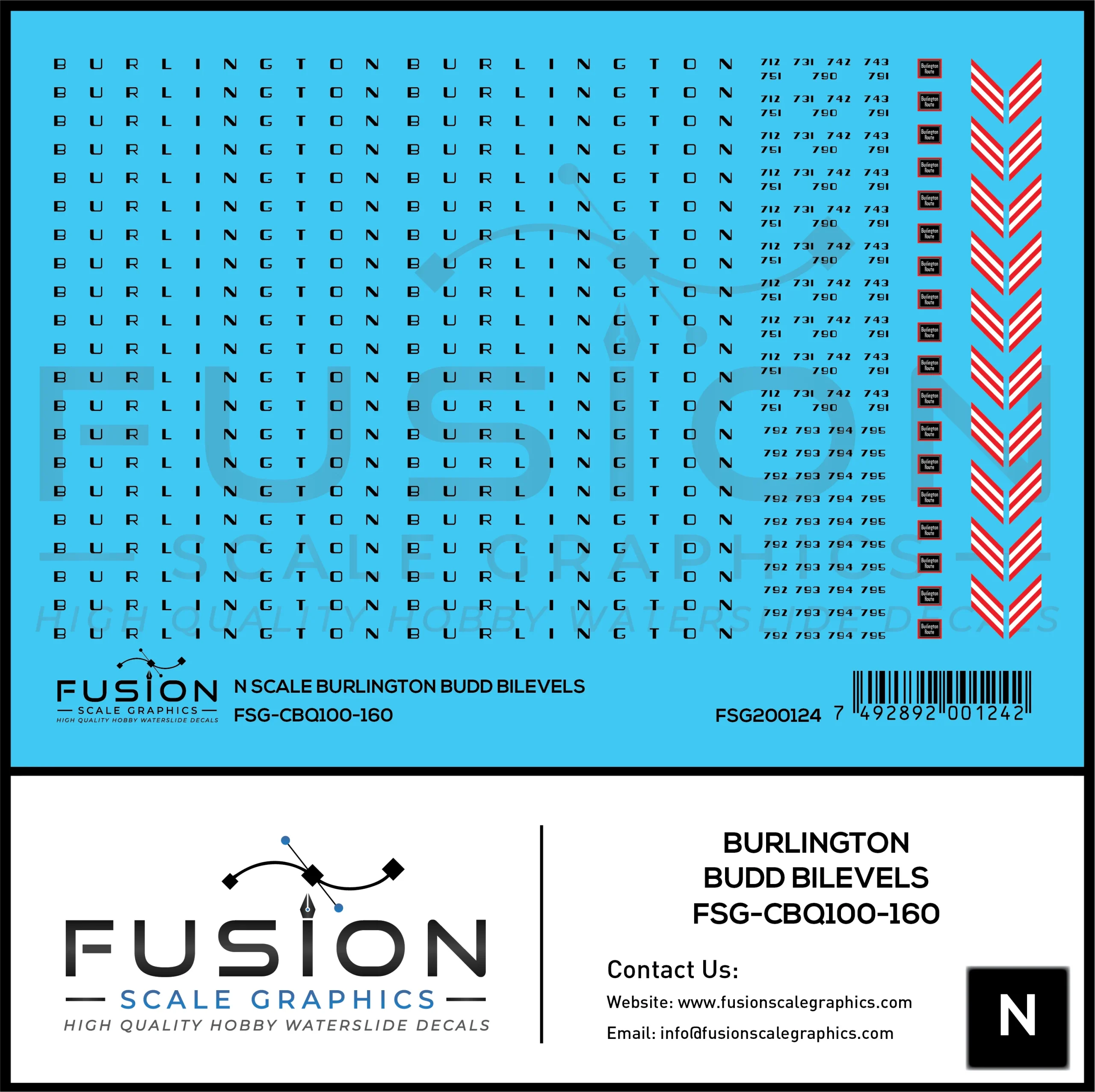 N Scale CBQ Burlington Budd BiLevels Decal Set - Fusion Scale Graphics