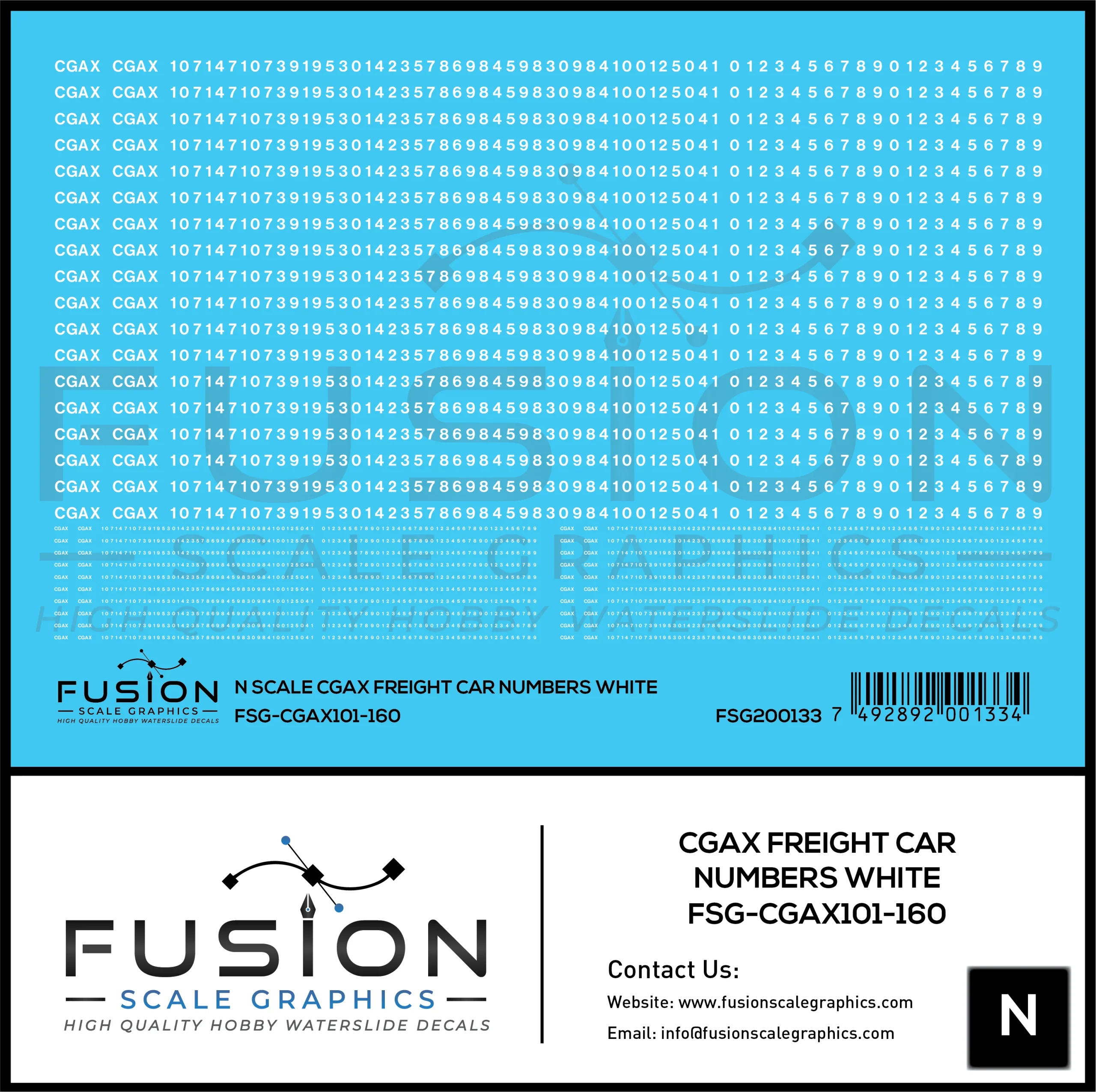 N Scale White CGAX Freight Car Numbering Decal Set - Fusion Scale Graphics