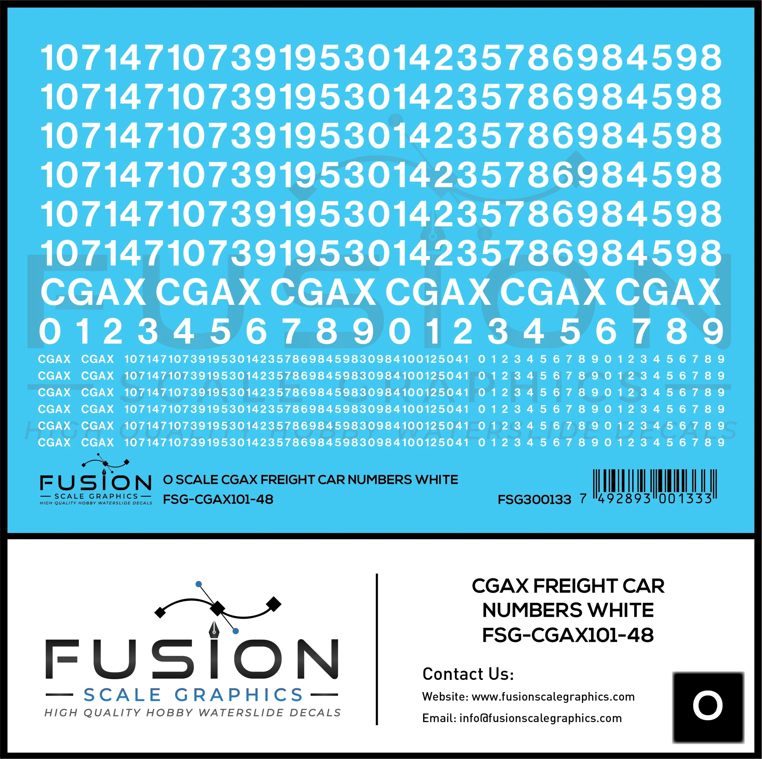 O Scale White CGAX Freight Car Numbering Decal Set - Fusion Scale Graphics